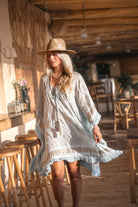 Ibzmode Short Kaftan Tavina Lumira Baby Blue with golden details and bohemian beachwear style