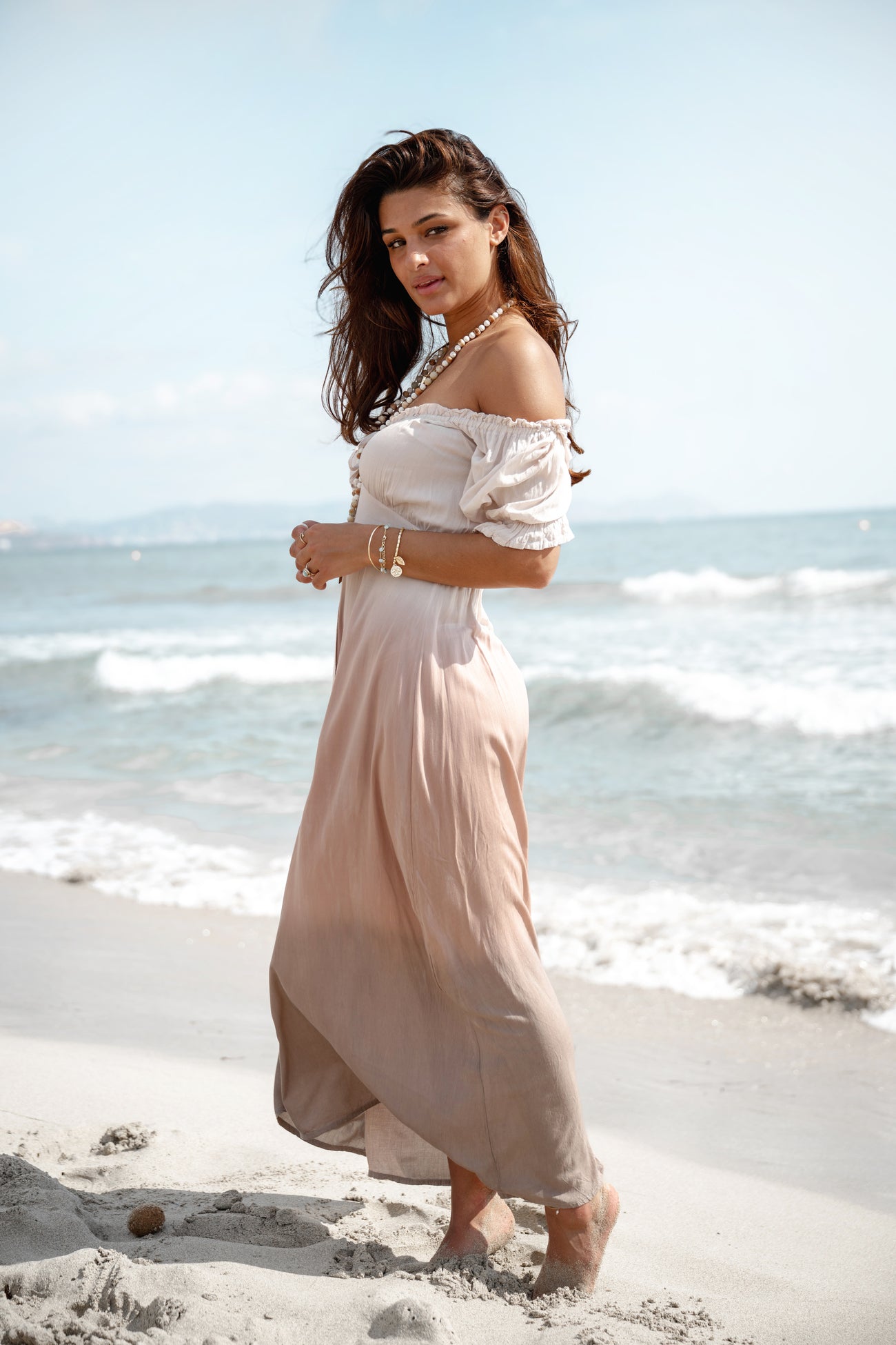 Ibizamode Long Dress Paros Aurelia Taupe with airy ombre look and flowy summer fit