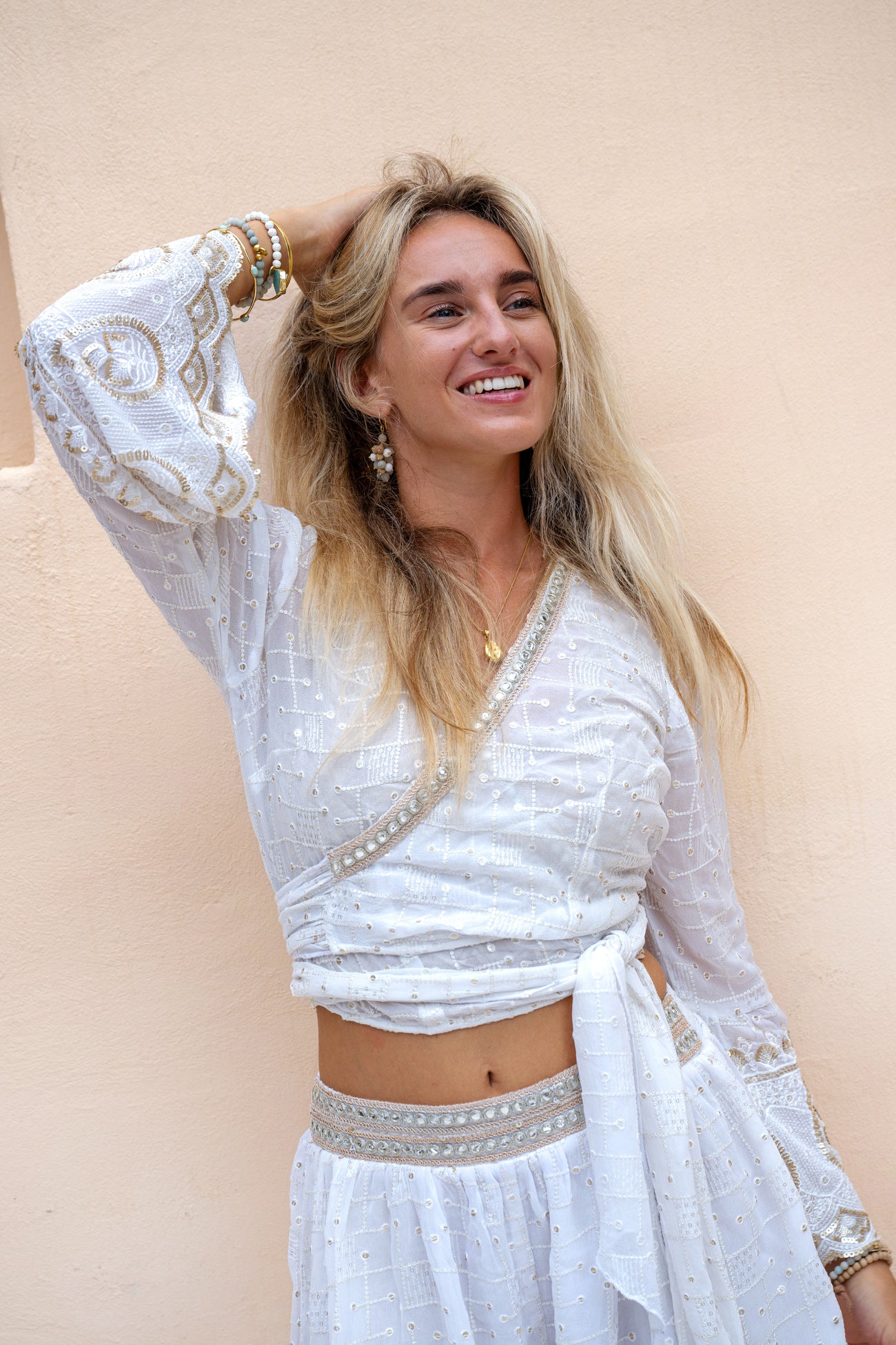 Ibzmode Wrap Top Darcia Lunara White with subtle shimmer detail
