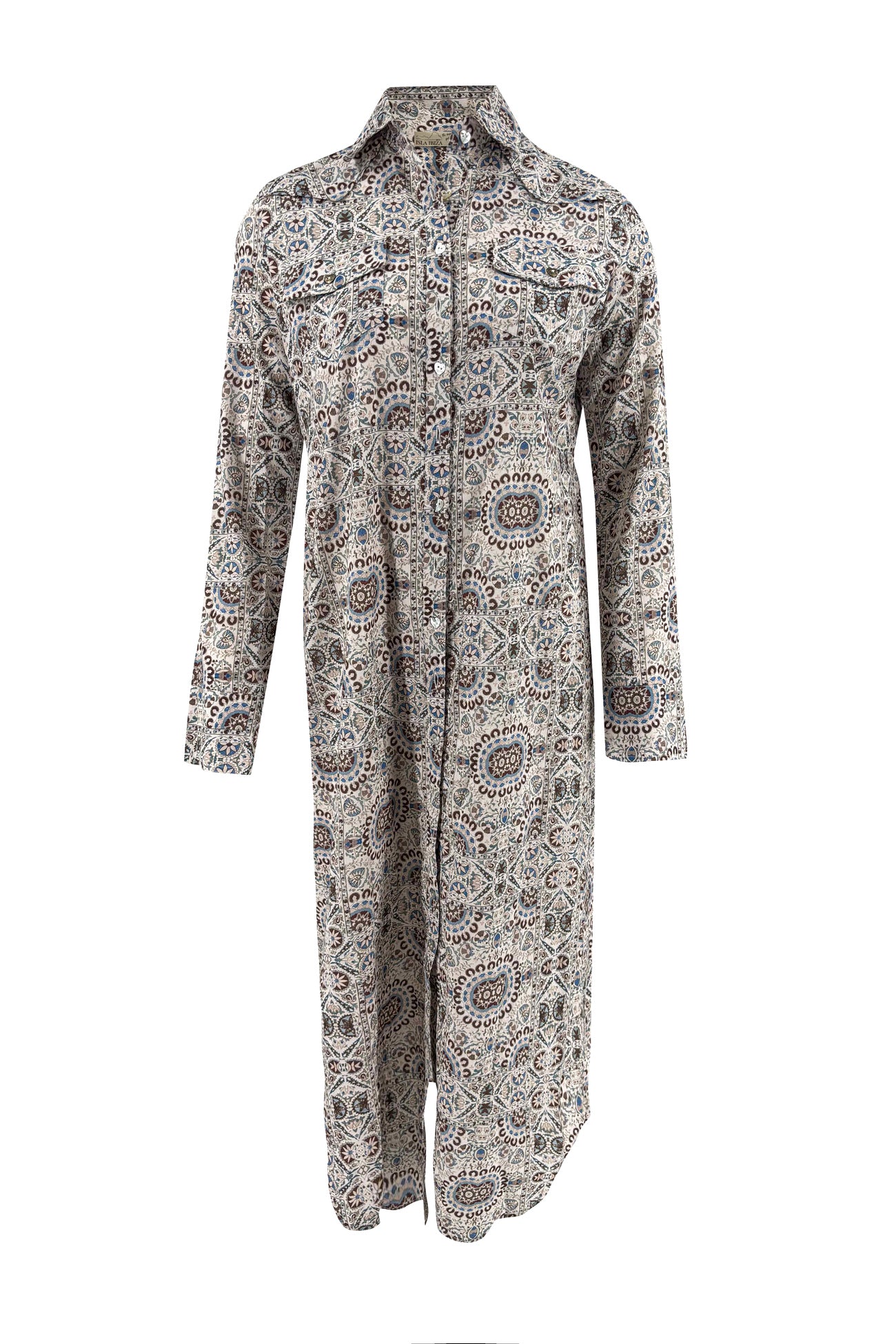 Isla Ibiza long bohemian blouse Morena with blue print