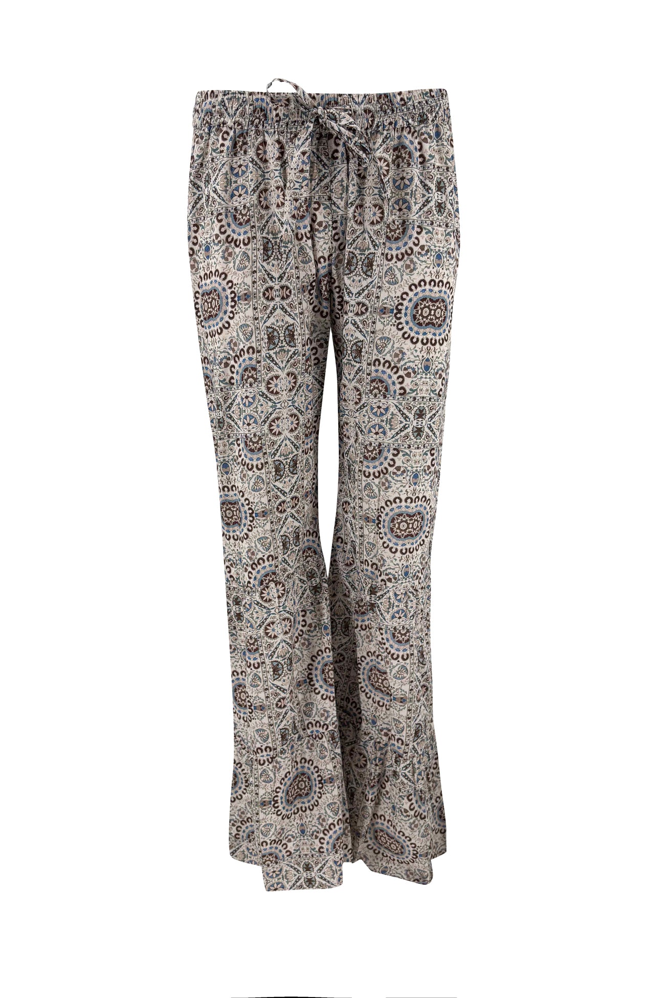 Isla Ibiza Baggy Pants Morena bohemian print broek dames with blue and brown pattern and elastic waistband