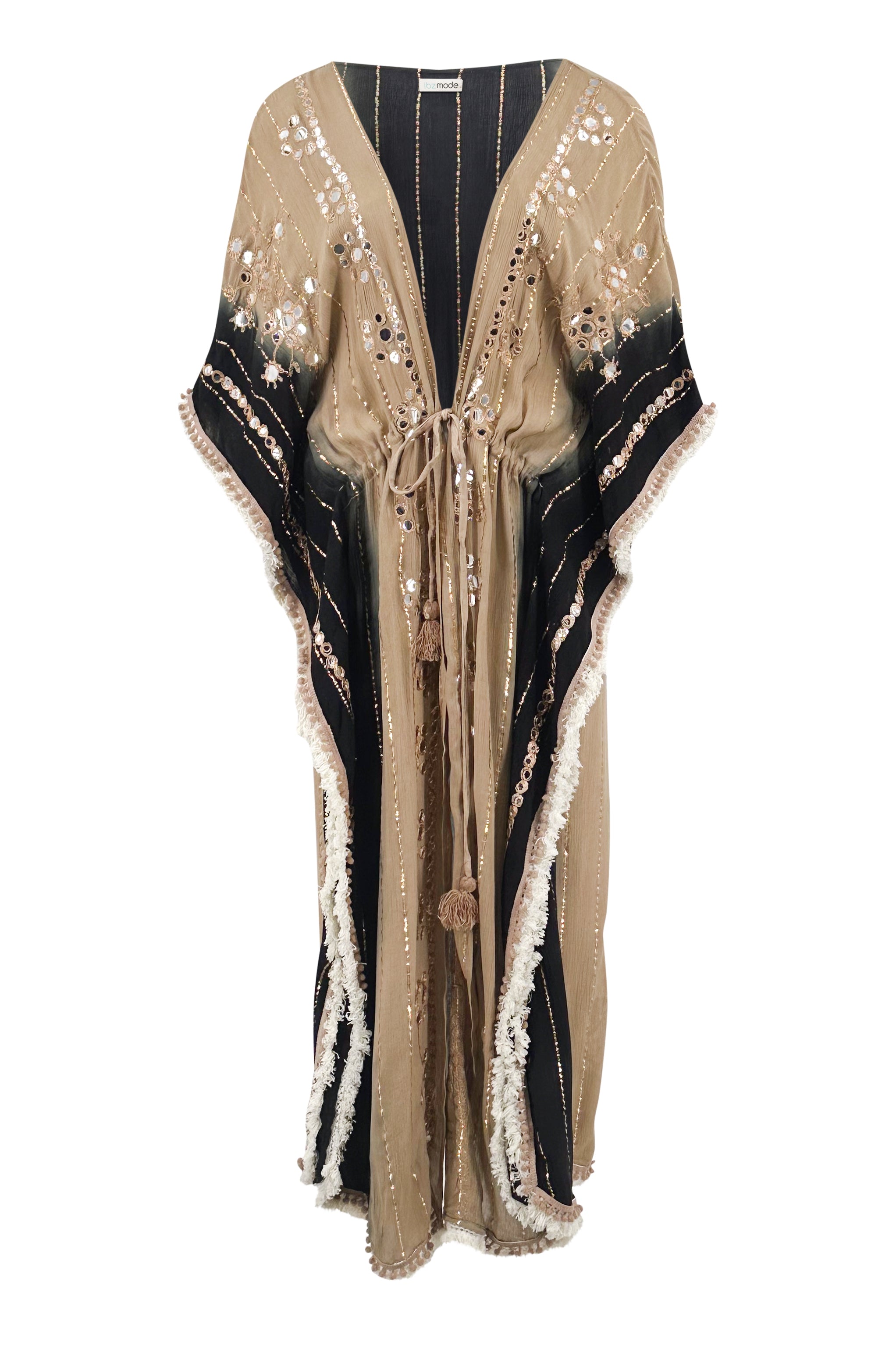 Bohemian kimono in black sand van ibzmode, Brands of Ibiza