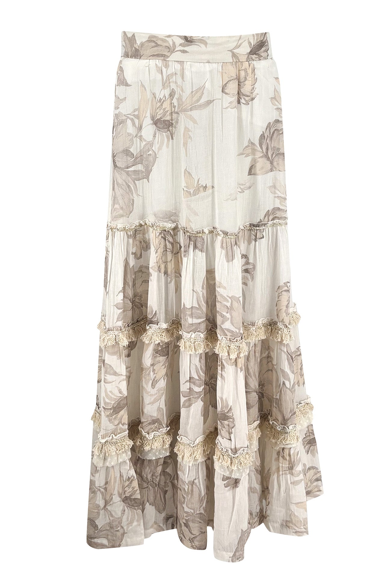 Dames rok Lucia Coralia Ivory van ibizamode met romantische bloemenprint en ruches in boho chic stijl.
