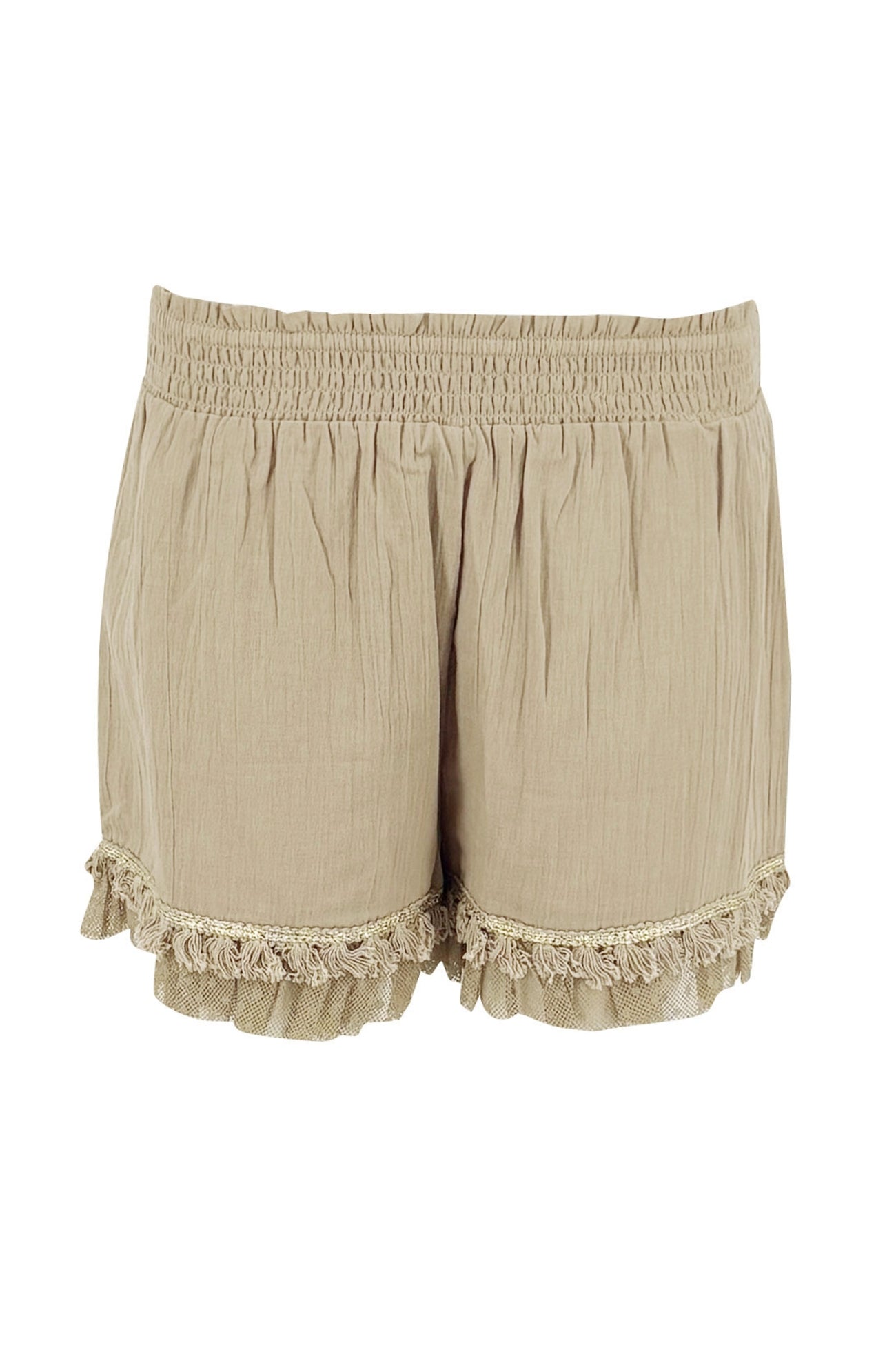 Ibizamode Bohemian beige Ana short with lace trim and elastic waist