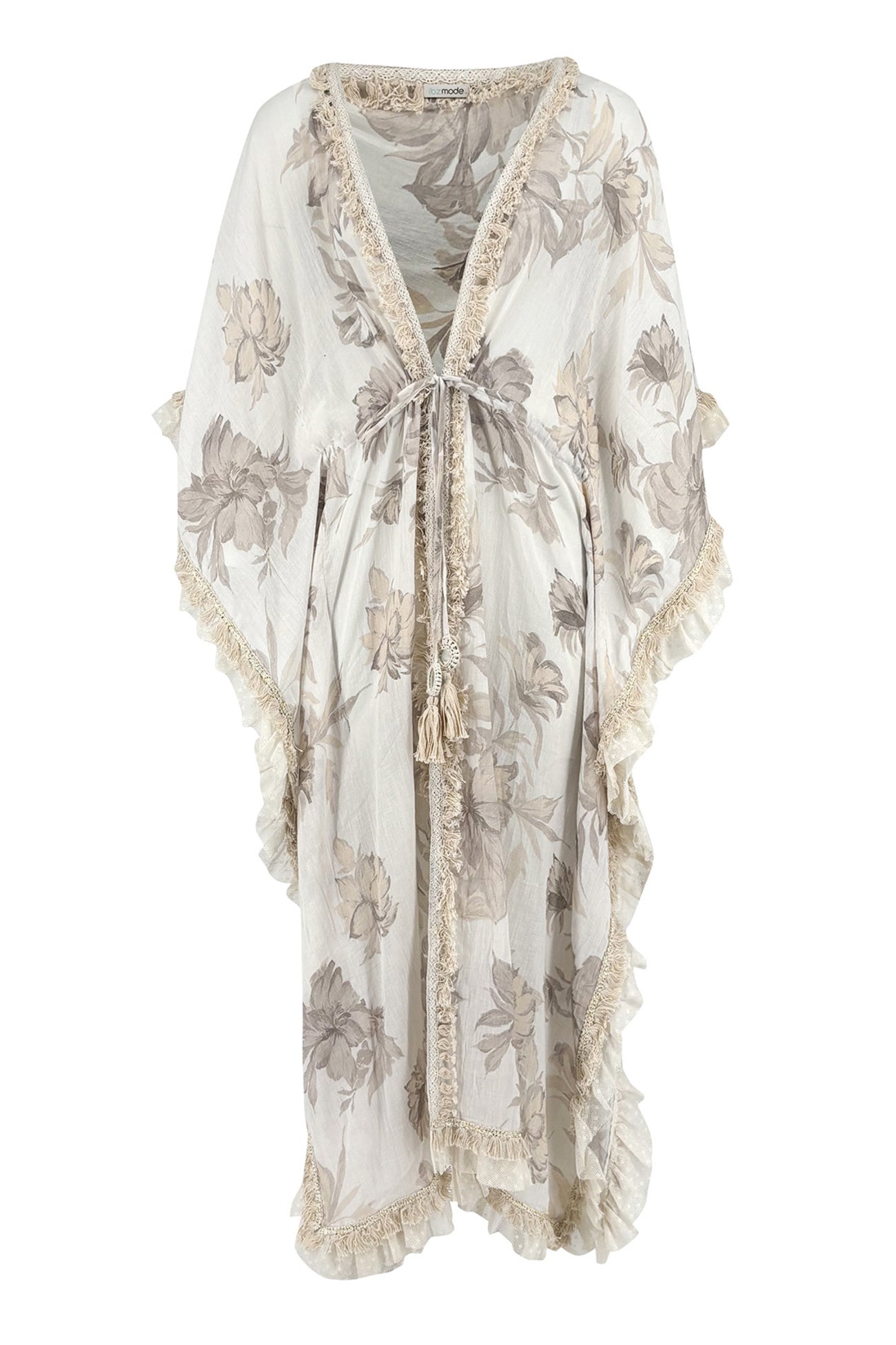 Ibizamode Bohemian Bloom ivory floral fringe kimono