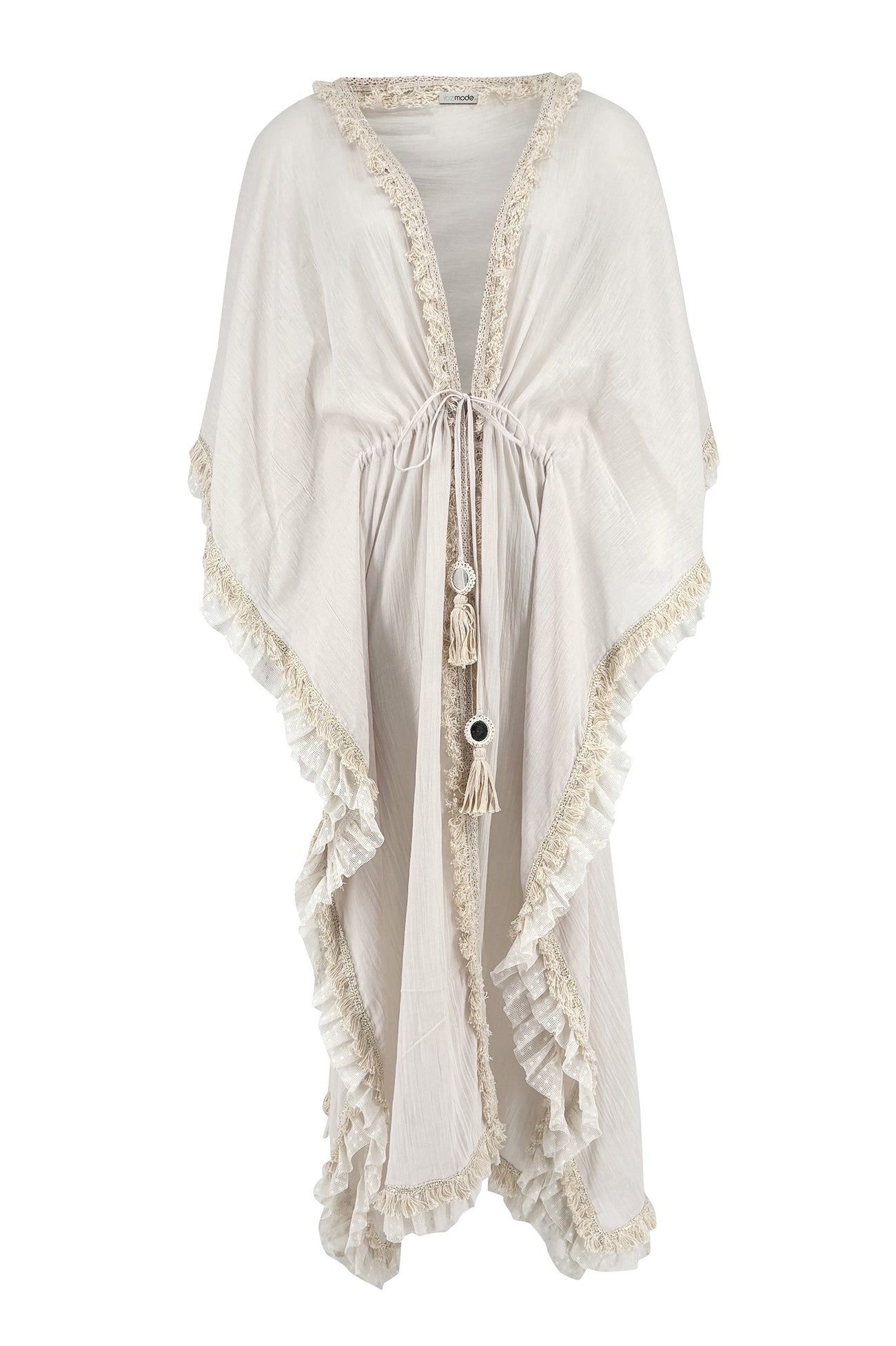 Ibizamode Bohemian Bloom ivory fringe kimono with flowing silhouette