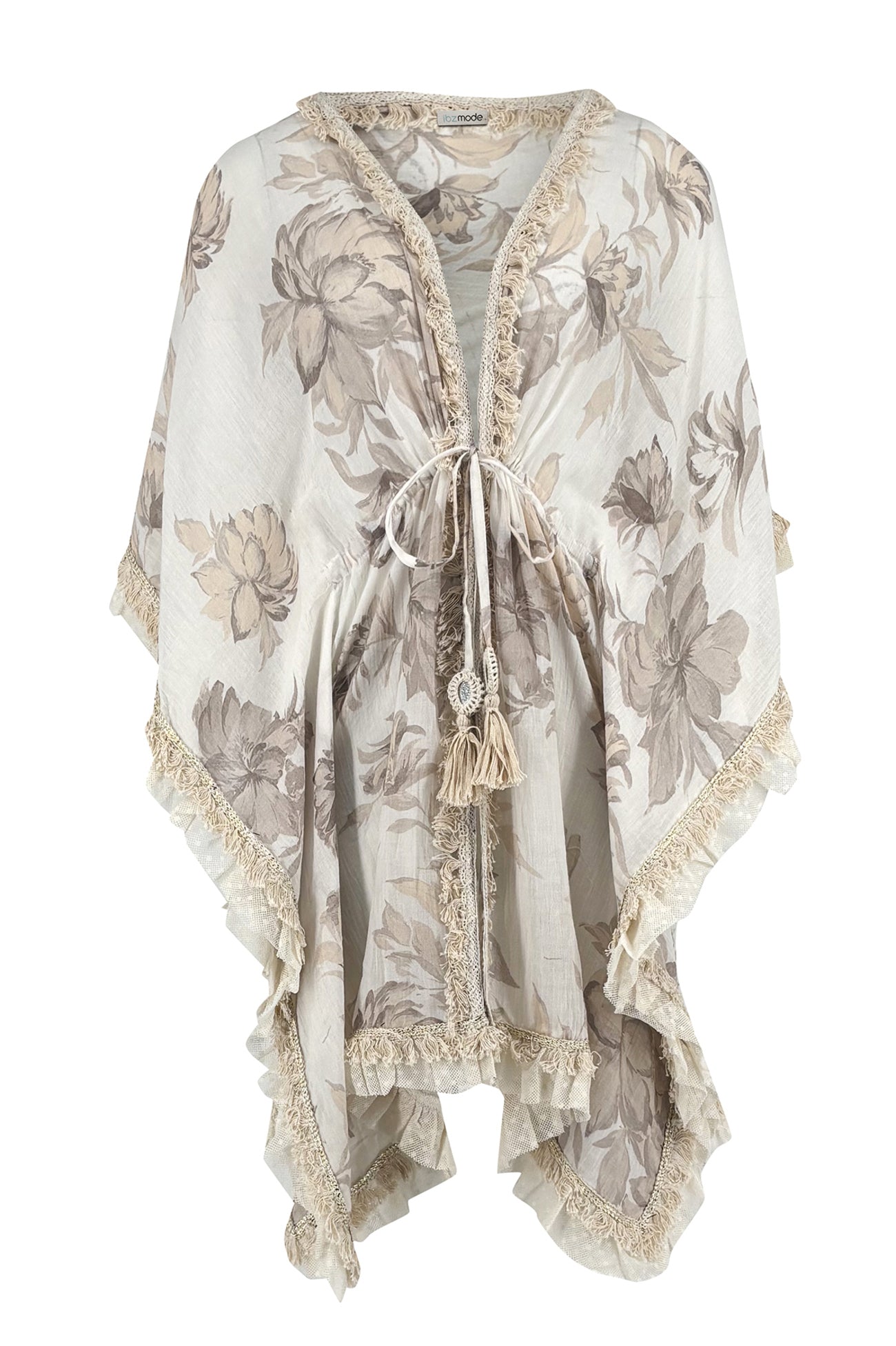 Ibizamode Bohemian Bloom ivory floral ruffle kimono Ana with flowing sleeves