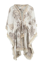 Ibizamode Bohemian Bloom ivory floral ruffle kimono Ana with flowing sleeves