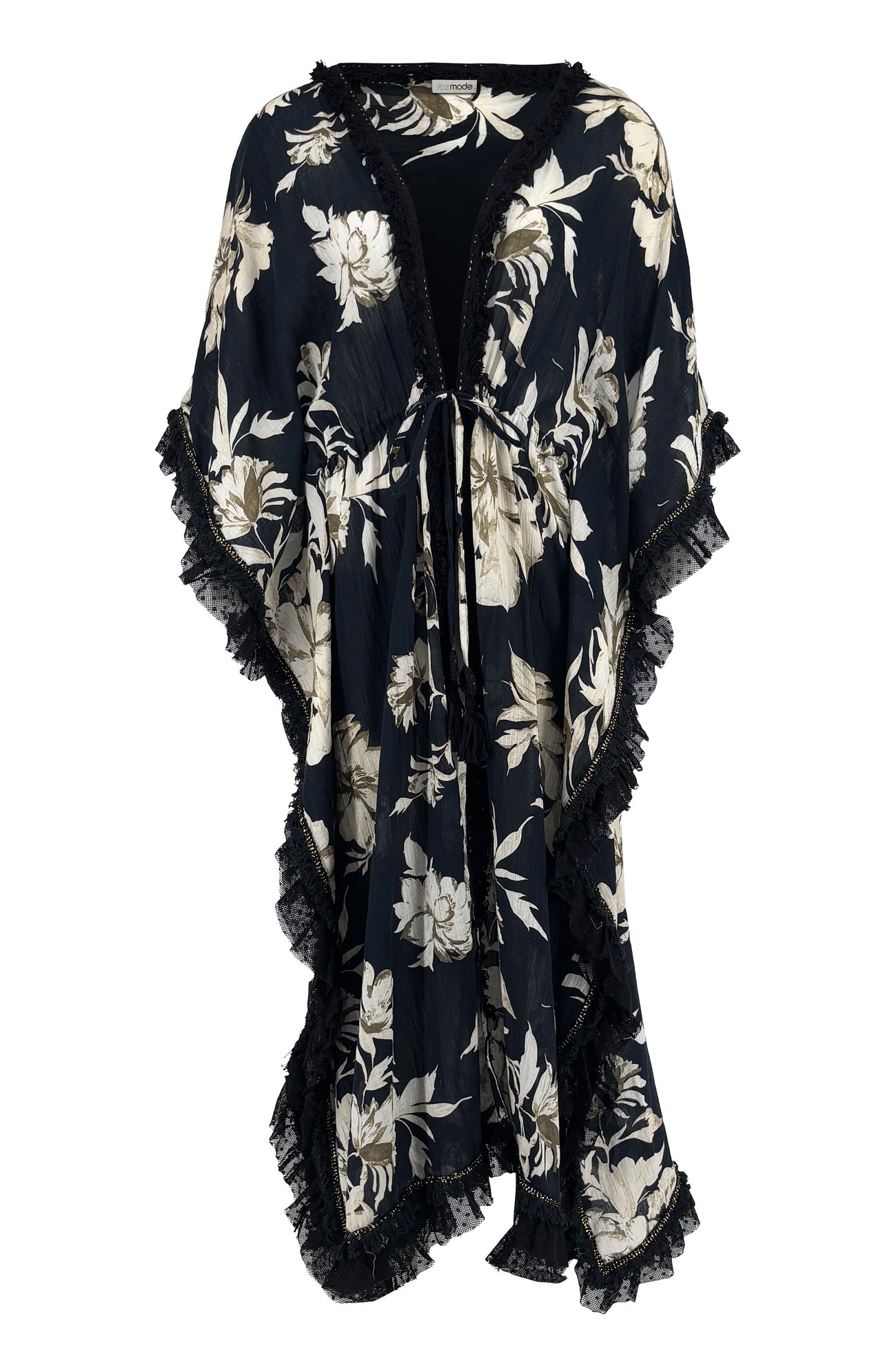 Ibizamode Bohemian Bloom black floral fringe kimono with flowing silhouette