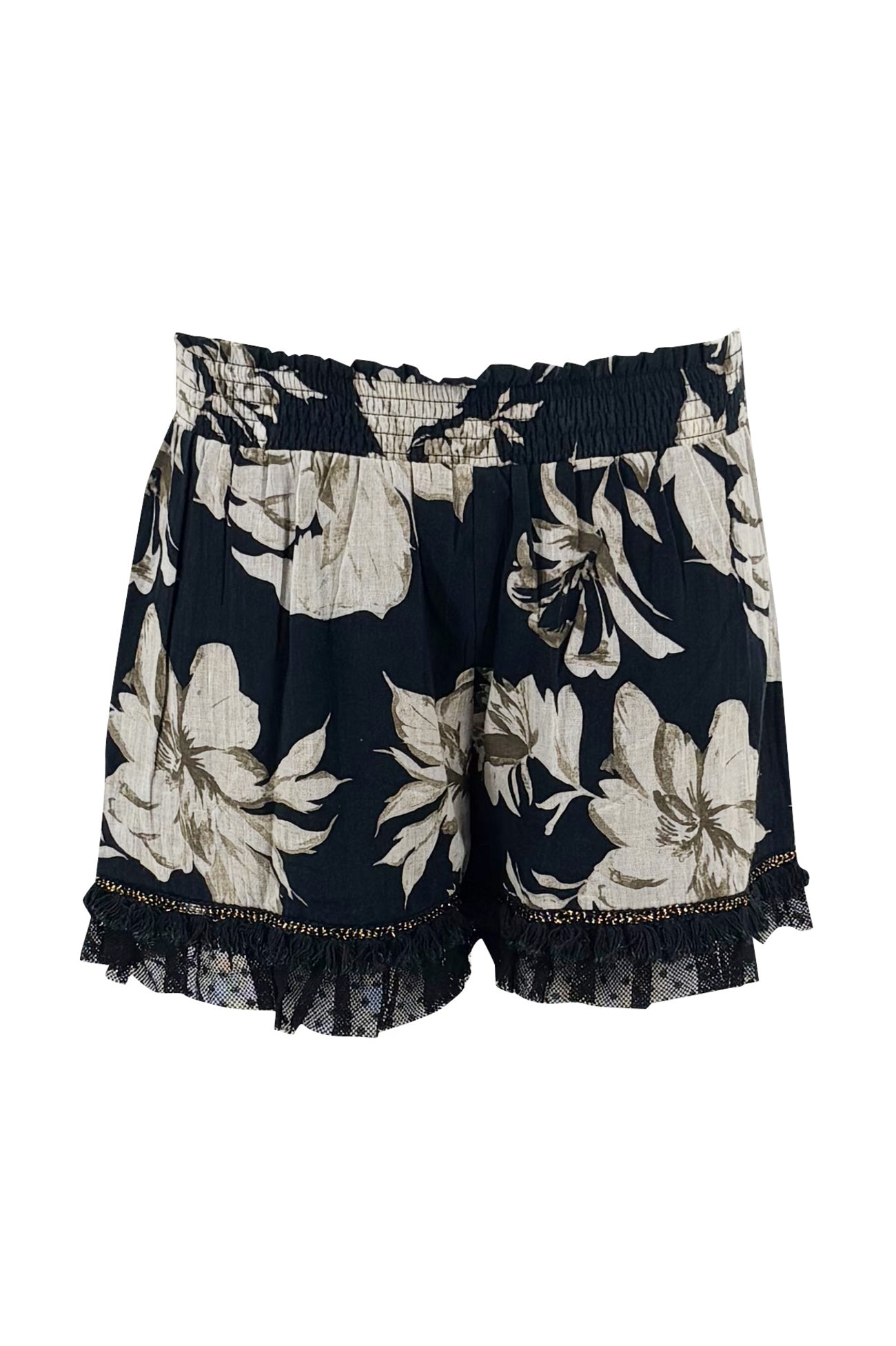 Ibizamode Bohemian Bloom black floral Ana short with lace detail