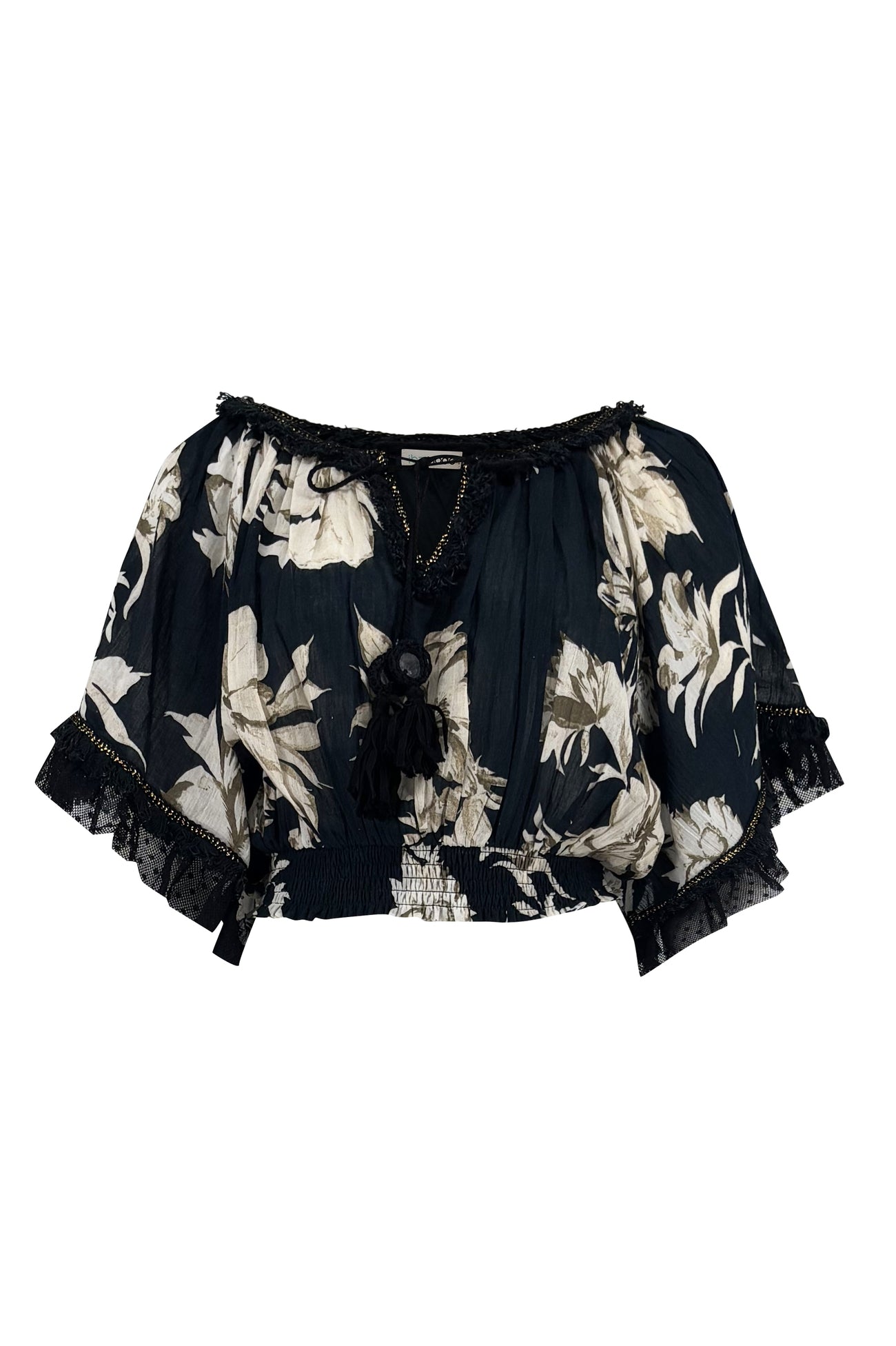 Ibizamode Bohemian Bloom black floral Ana top with lace and tassel neckline
