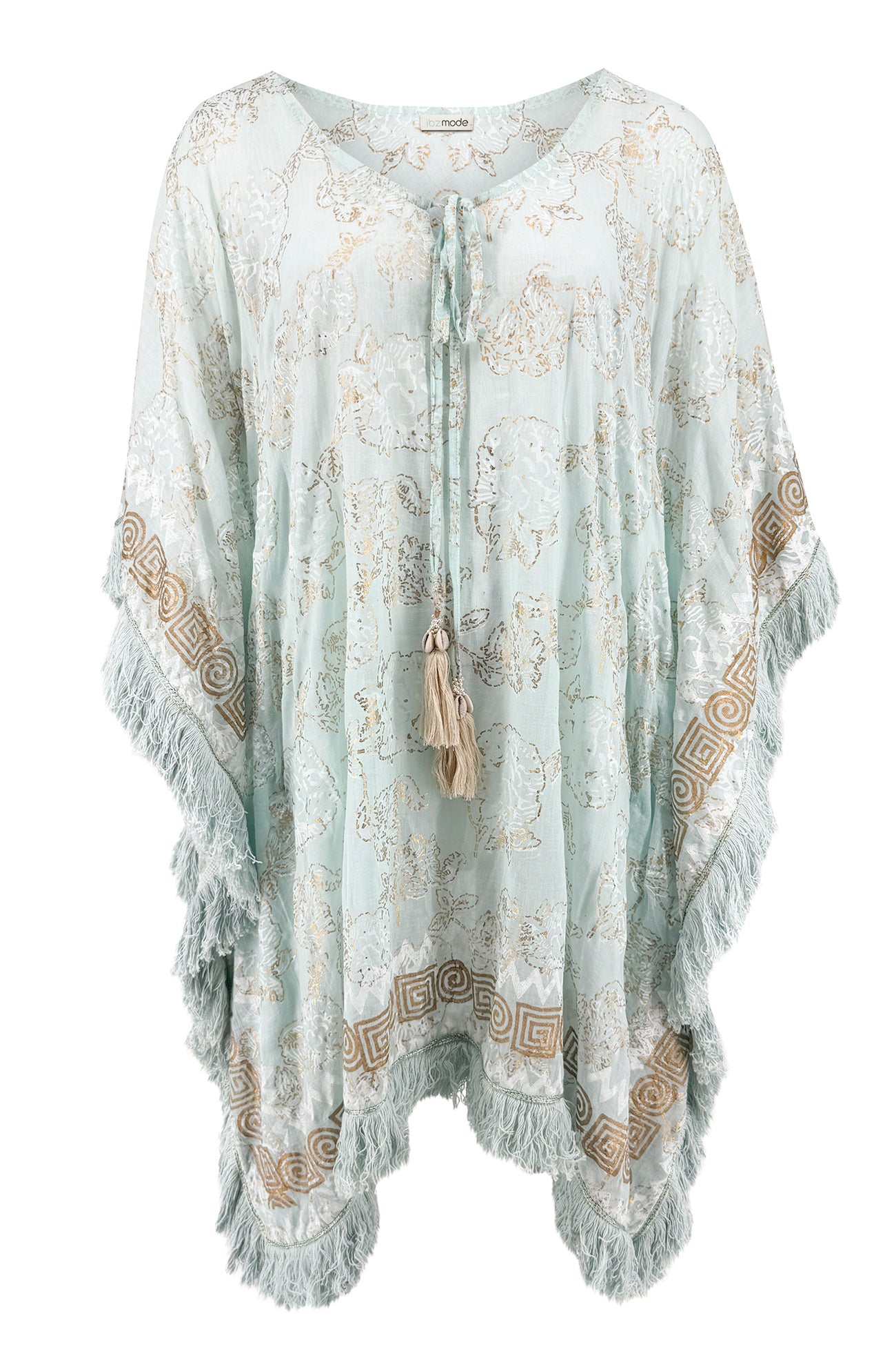 Ibzmode Short Kaftan Tavina Lumira Baby Blue with golden details and bohemian beachwear style