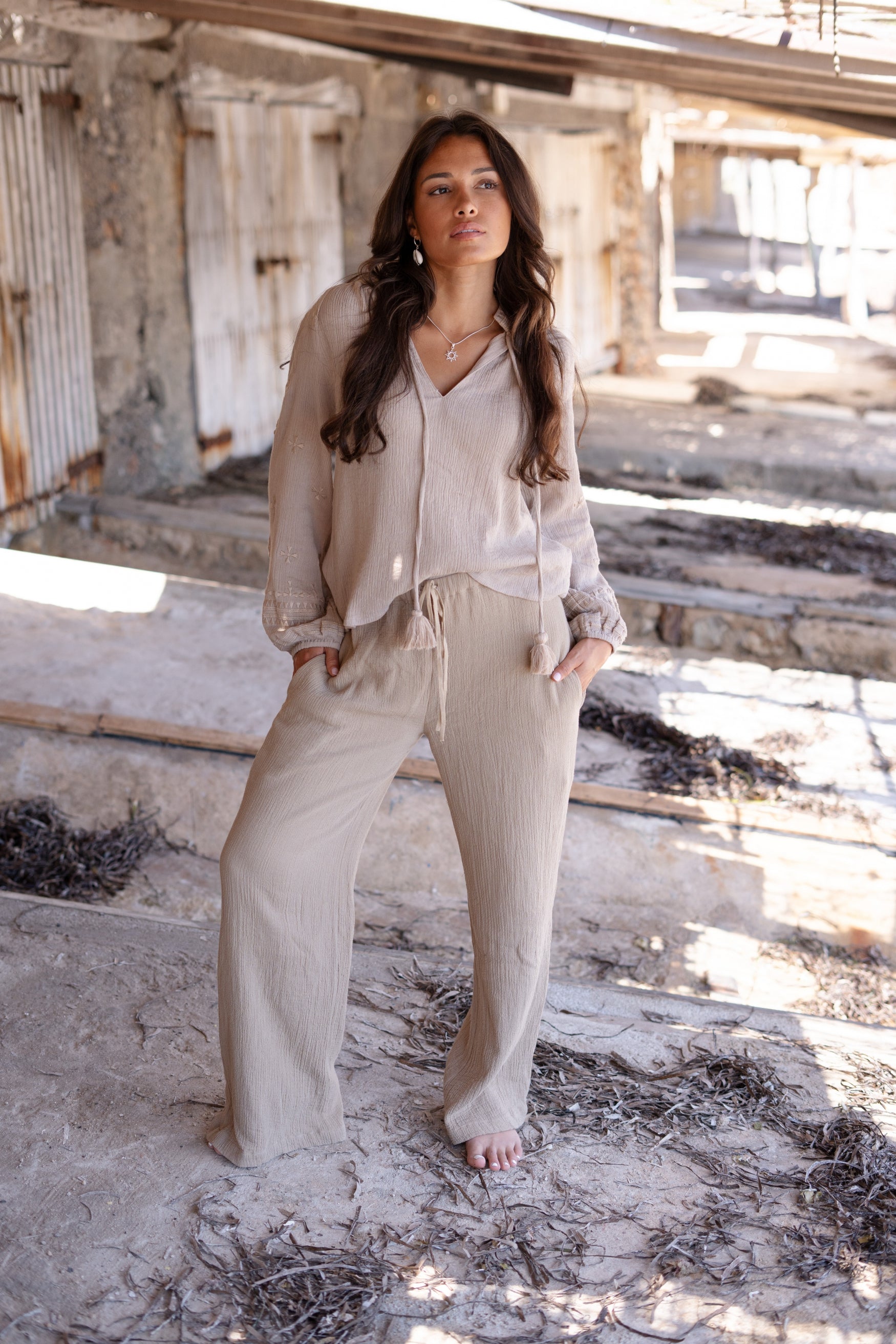 Bohemian blouse in taupe van ibzmode, Brands of Ibiza