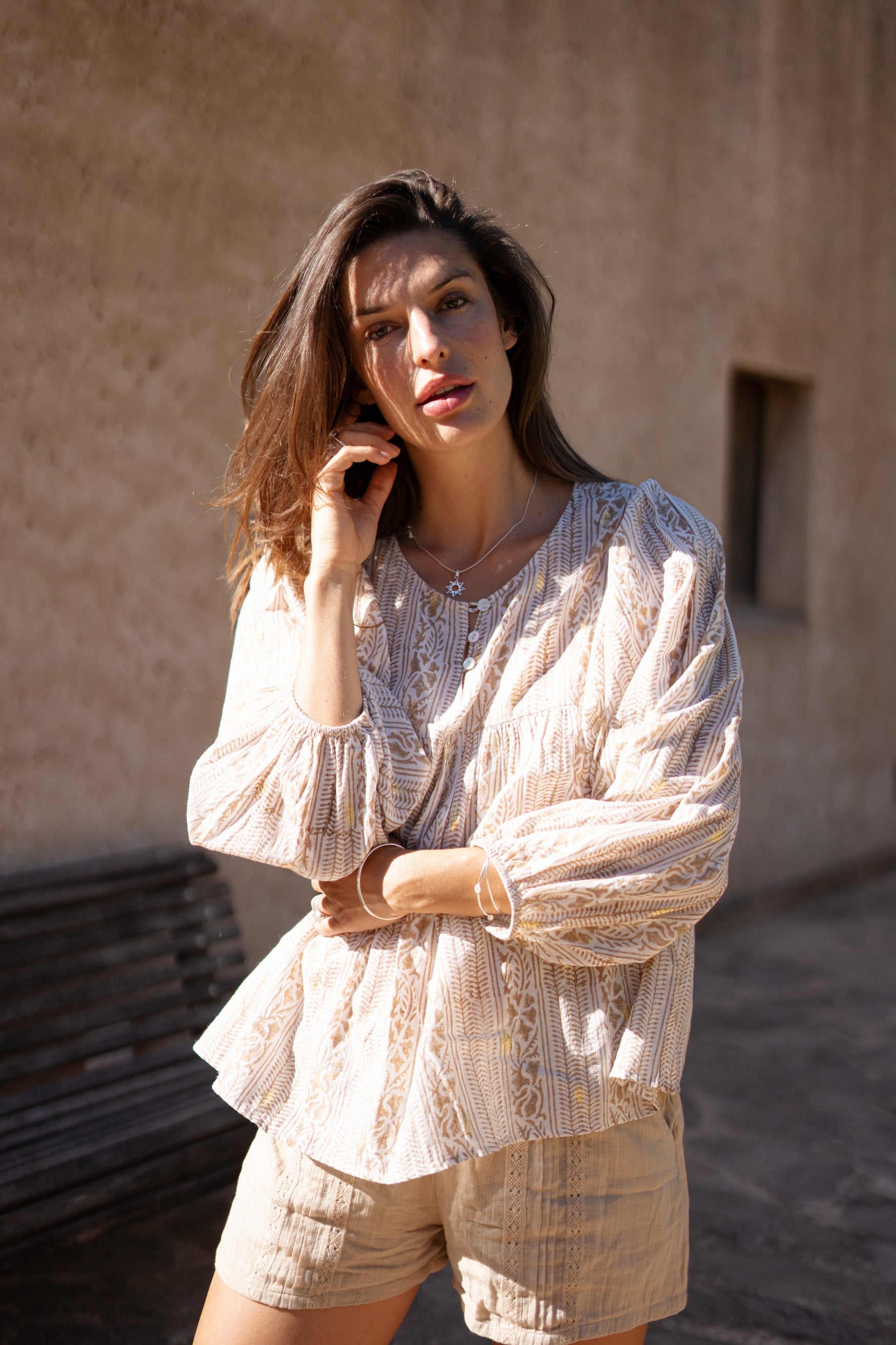 Bohemian blouse in sand van ibzmode, Brands of Ibiza