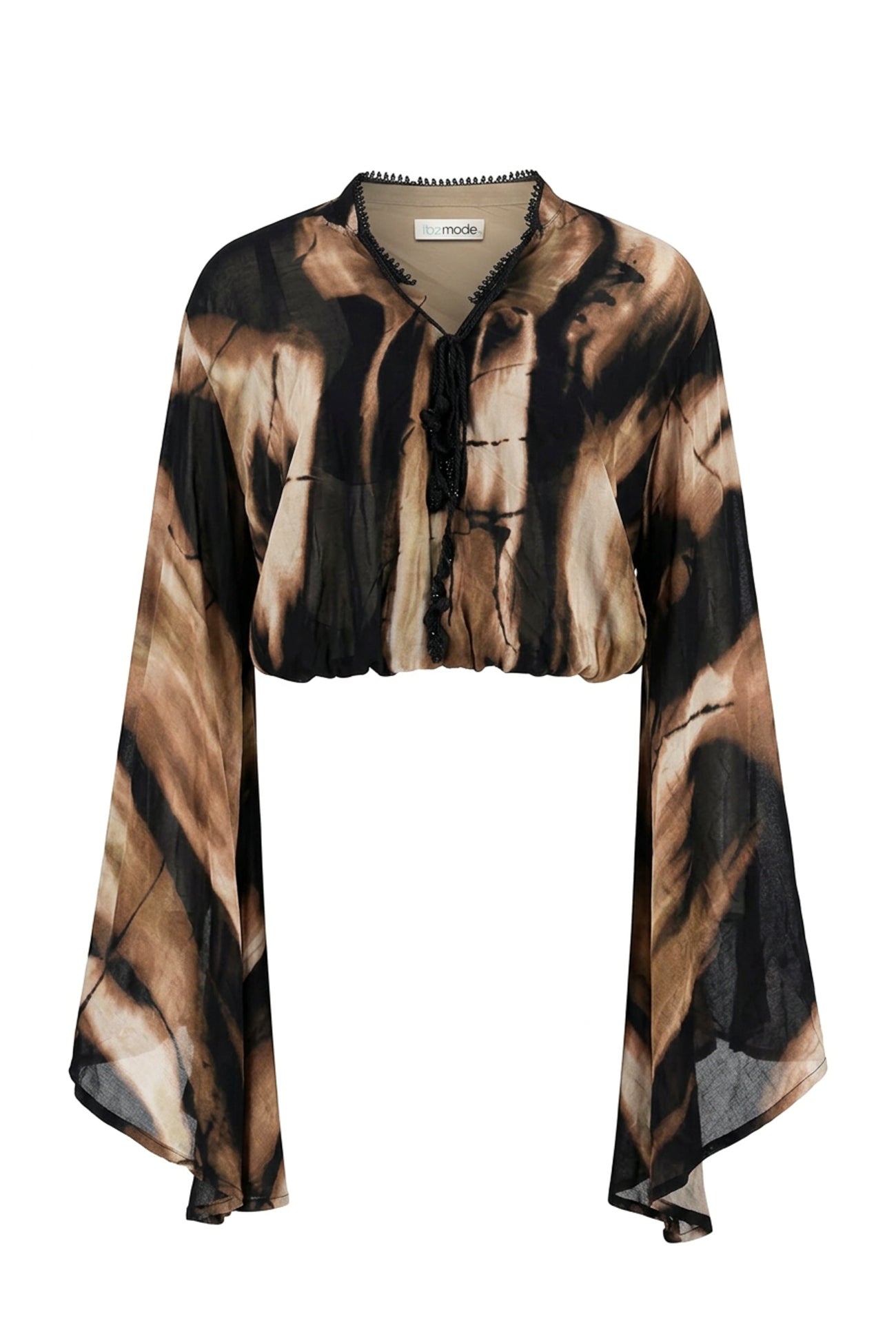 Ibzmode Blouse Milo Ecru boho print blouse with wide sleeves and tassel cords