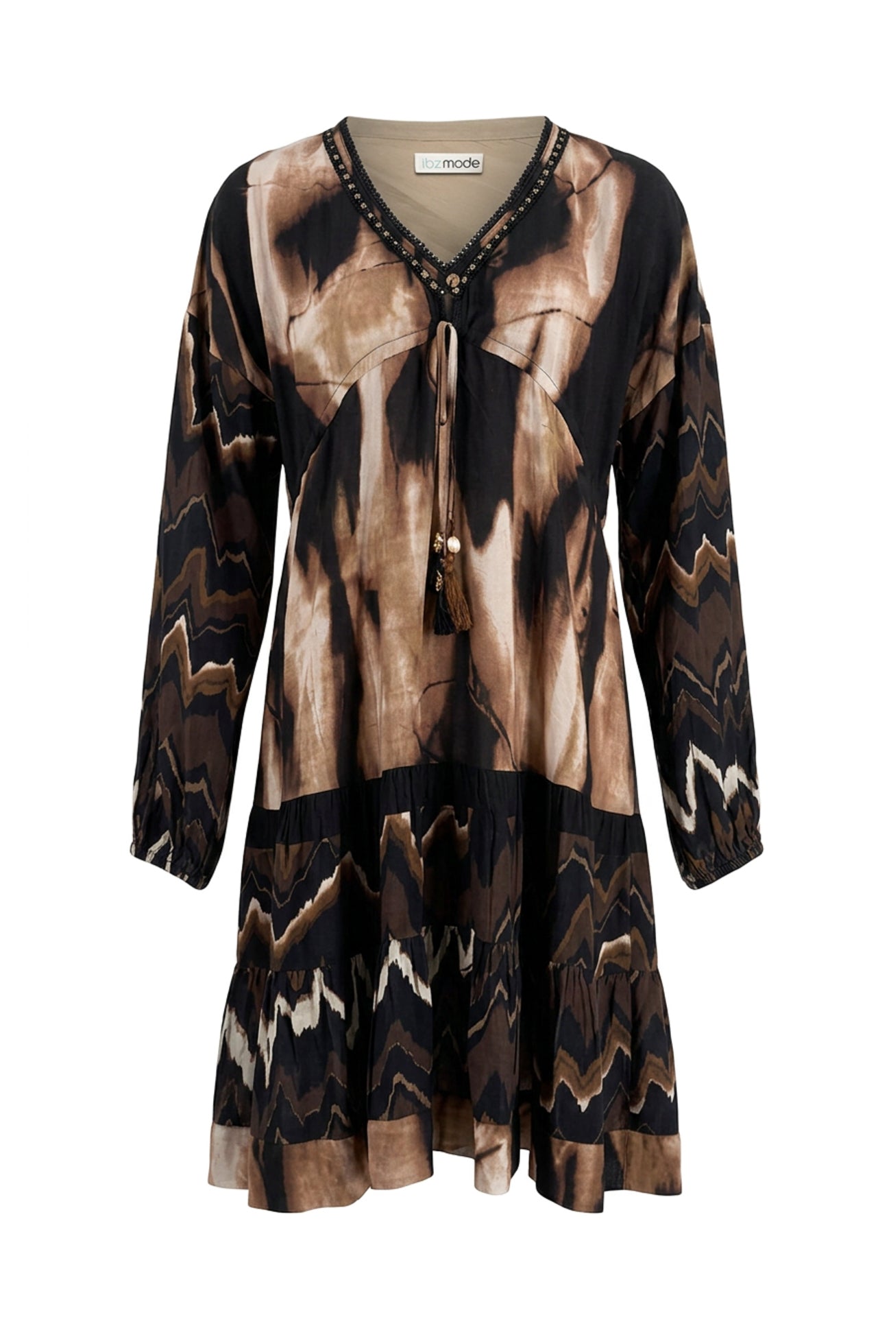 Ibzmode Short Dress Marlous Ecru boho print dress with balloon sleeves and chevron border