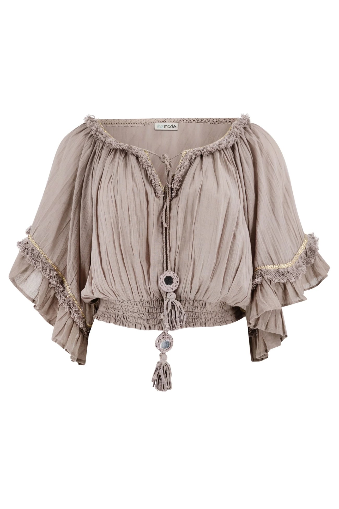 Bohemian top in taupe van ibzmode, Brands of Ibiza
