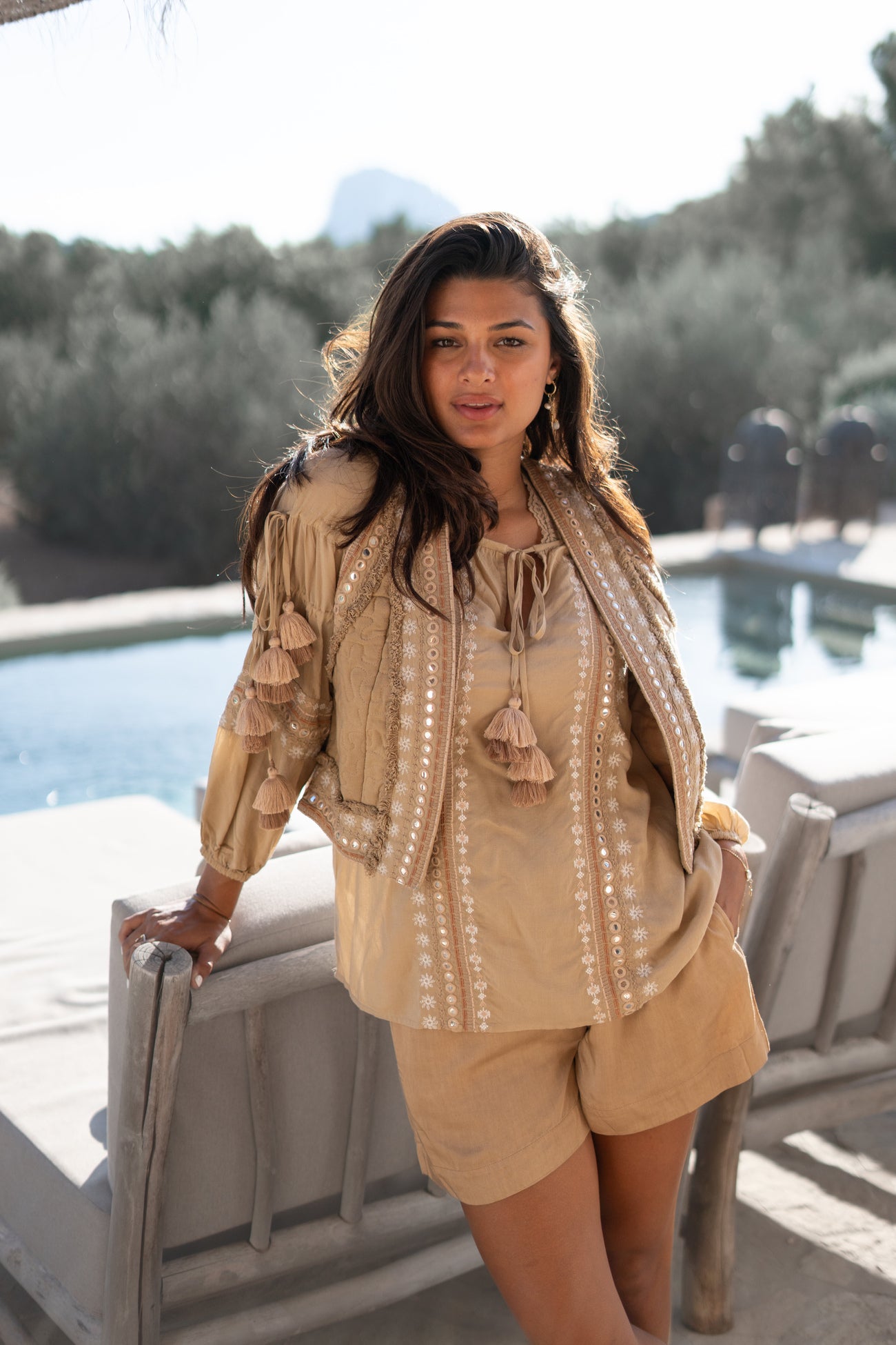 Bohemian blouse in light taupe van ibzmode, Brands of Ibiza