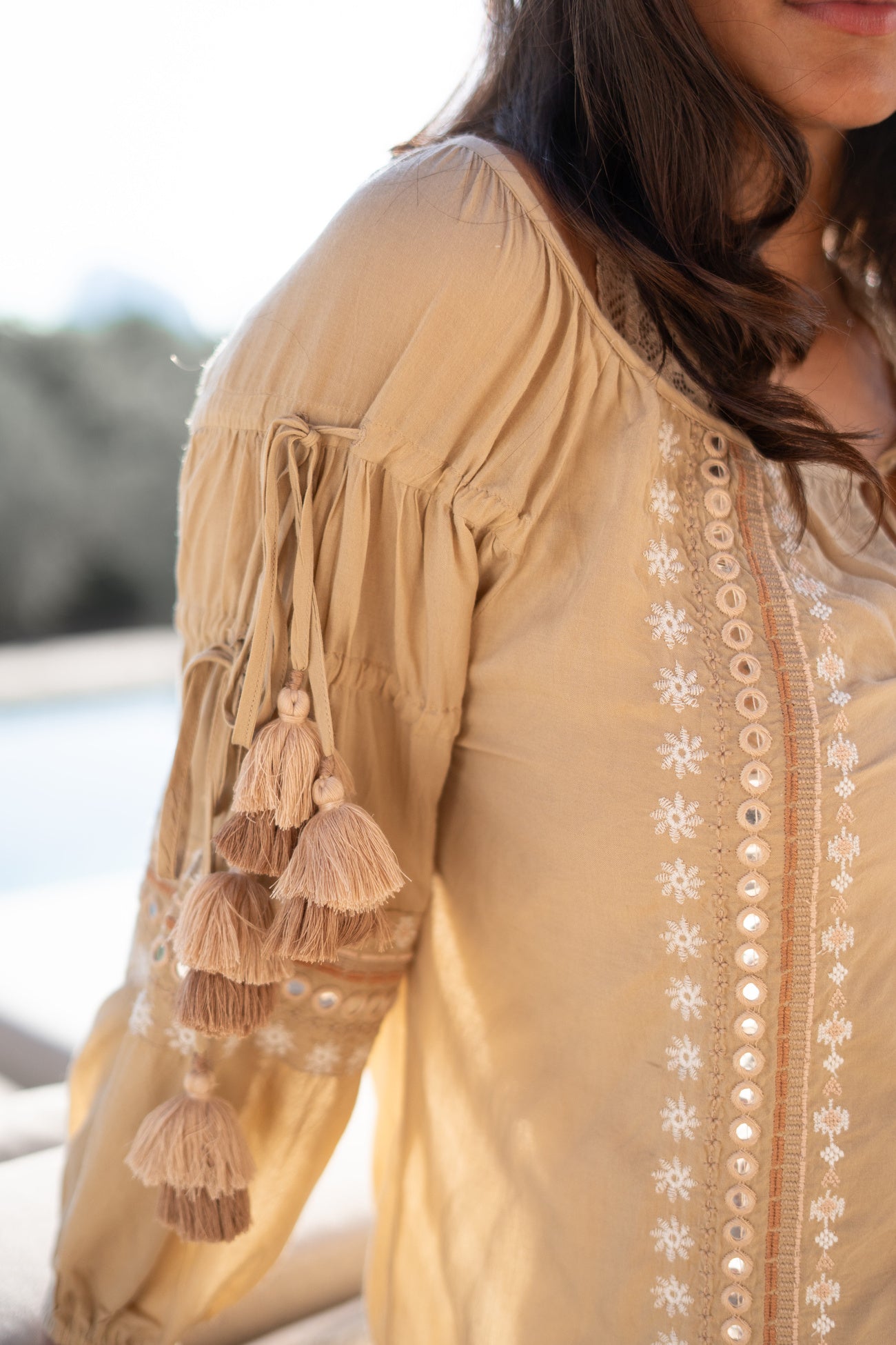 Bohemian blouse in light taupe van ibzmode, Brands of Ibiza