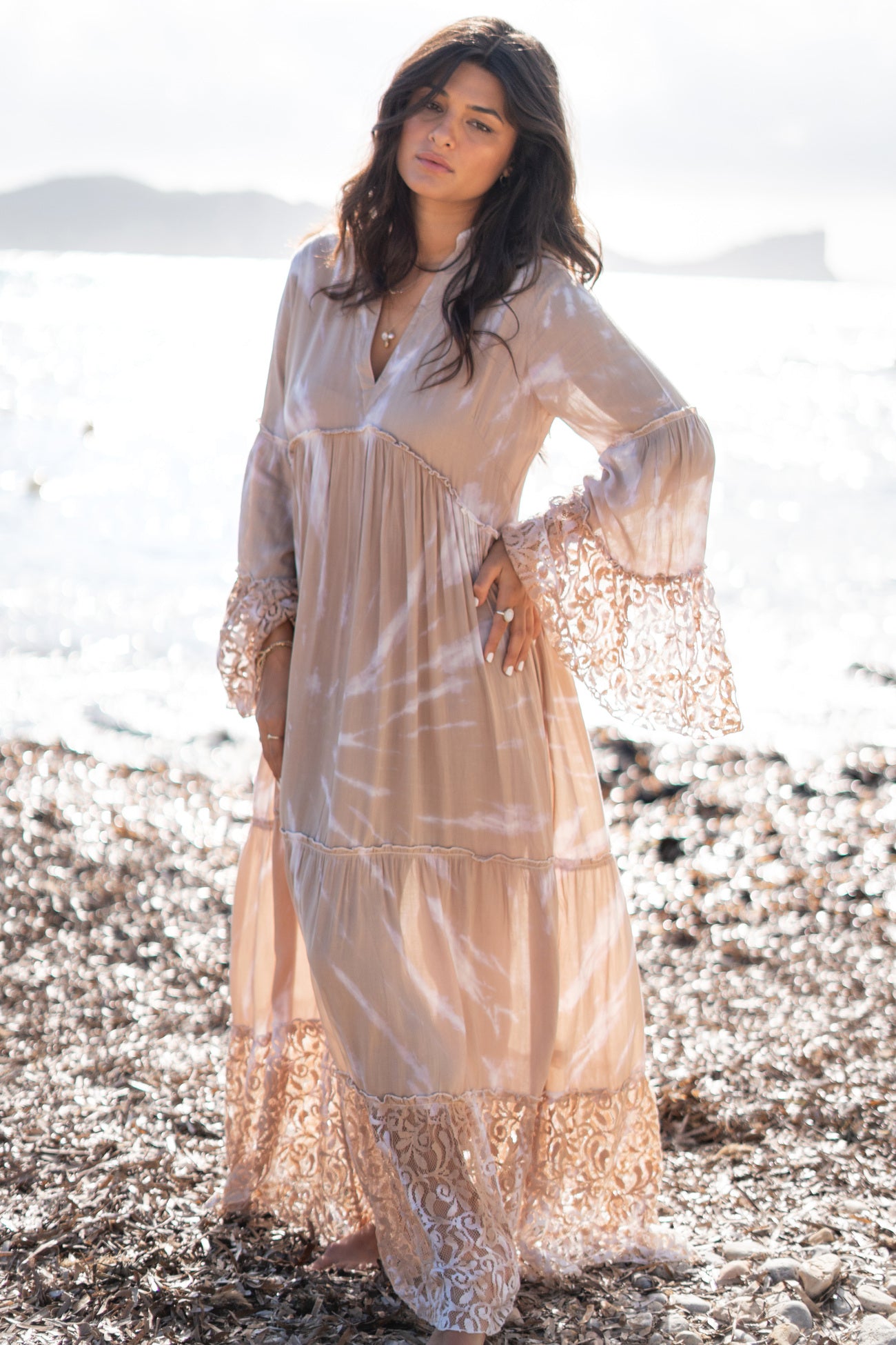 taupe boho maxi dress Lace & Beads Plus boho ruffle maxi dress in soft taupe