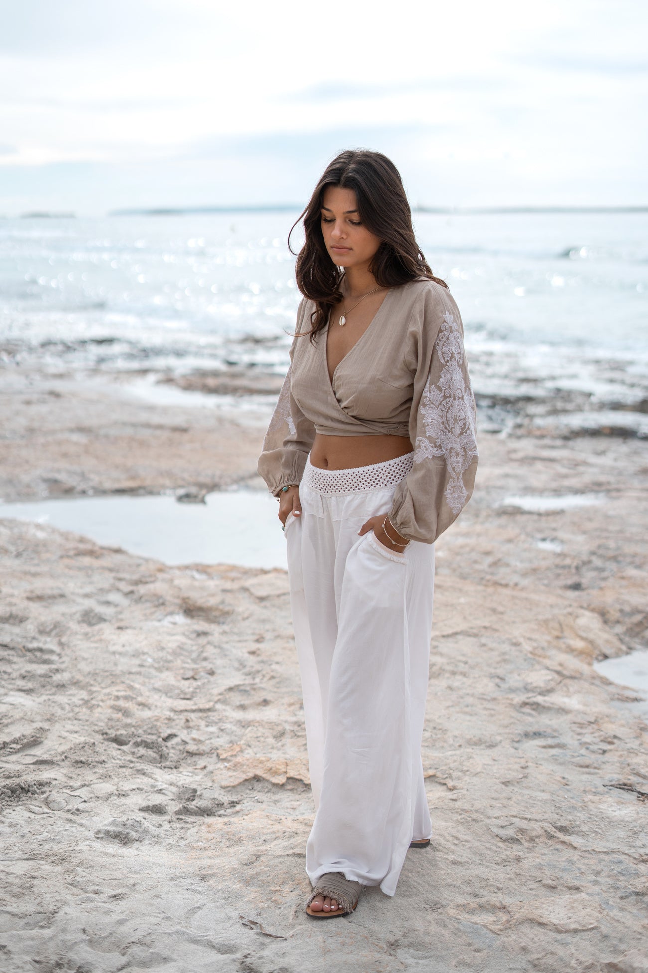 Bohemian top in light taupe van ibzmode, Brands of Ibiza