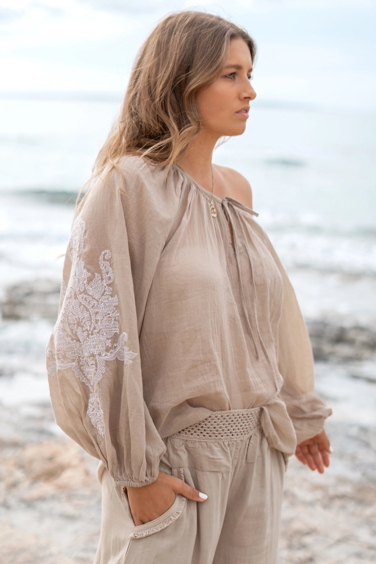 Bohemian blouse in light taupe van ibzmode, Brands of Ibiza