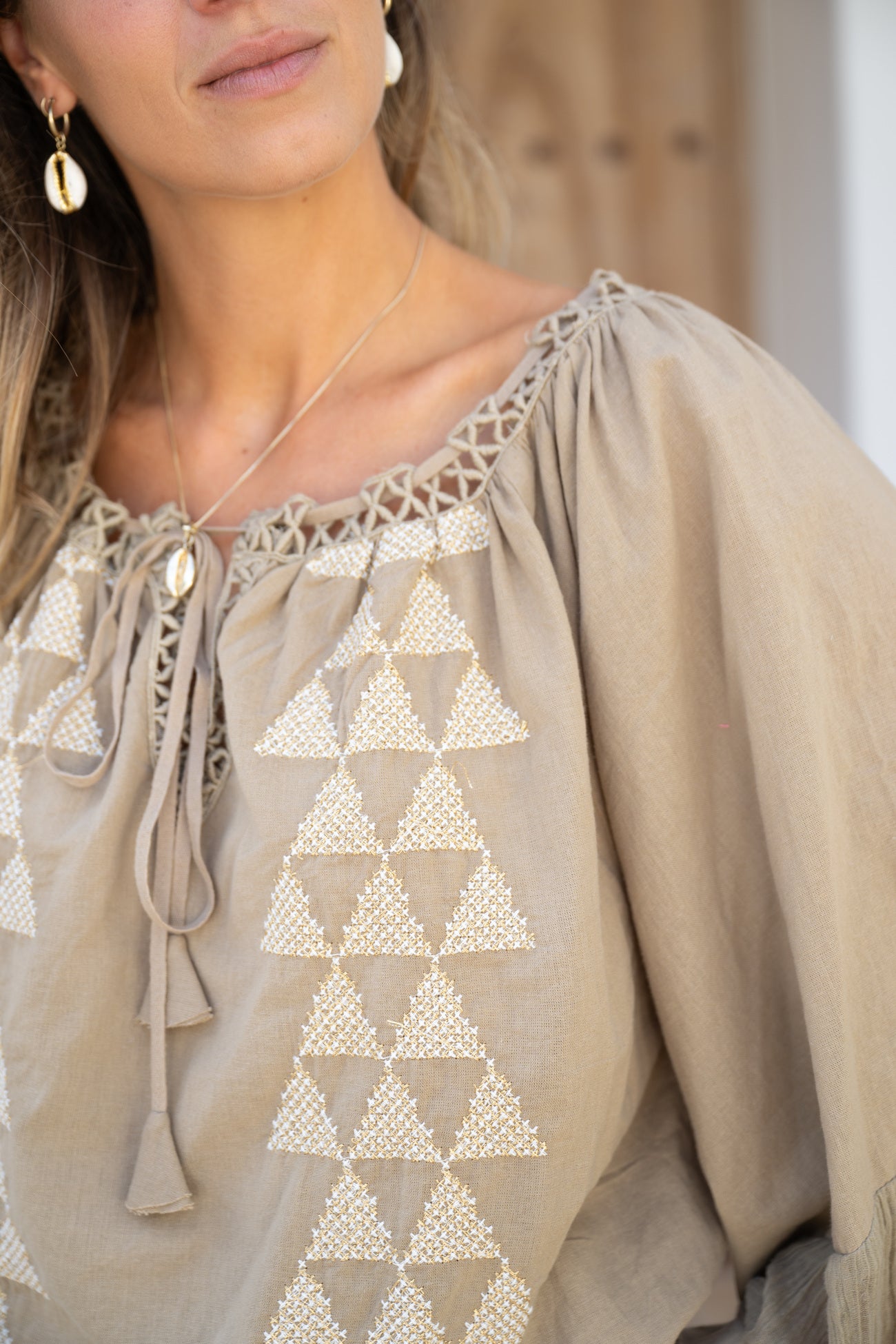Bohemian blouse in taupe van ibzmode, Brands of Ibiza