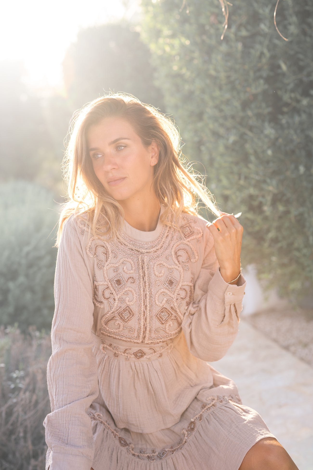 Bohemian blouse in light taupe van ibzmode, Brands of Ibiza