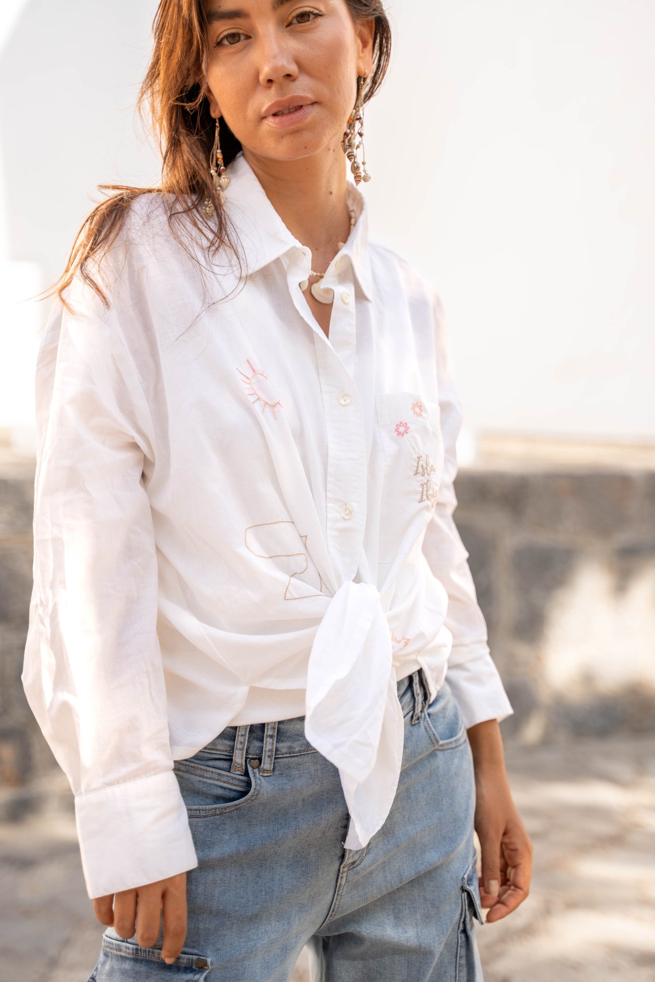 Isla Ibiza white embroidered blouse Sombra with delicate details