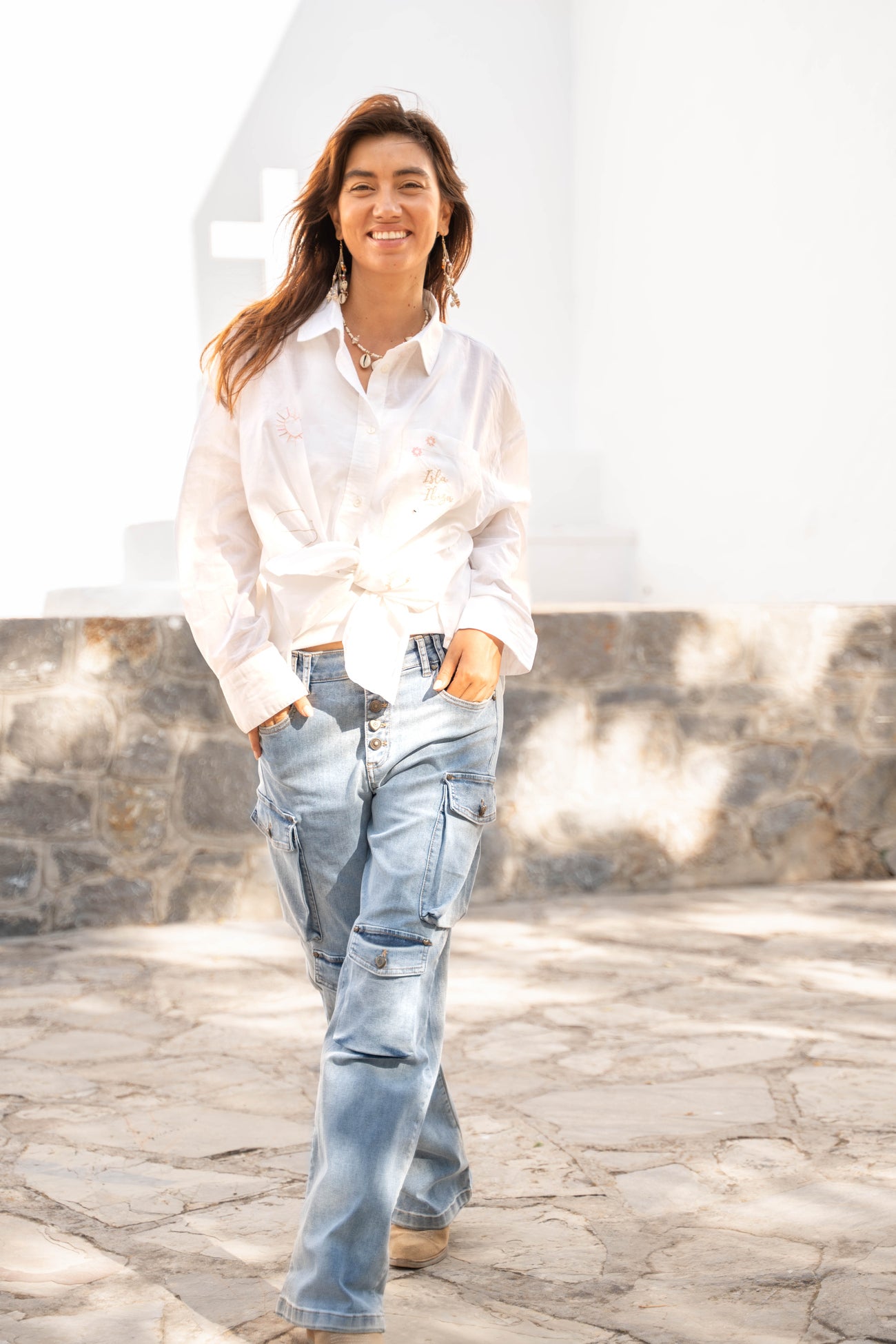 Isla Ibiza white embroidered blouse Sombra with delicate details