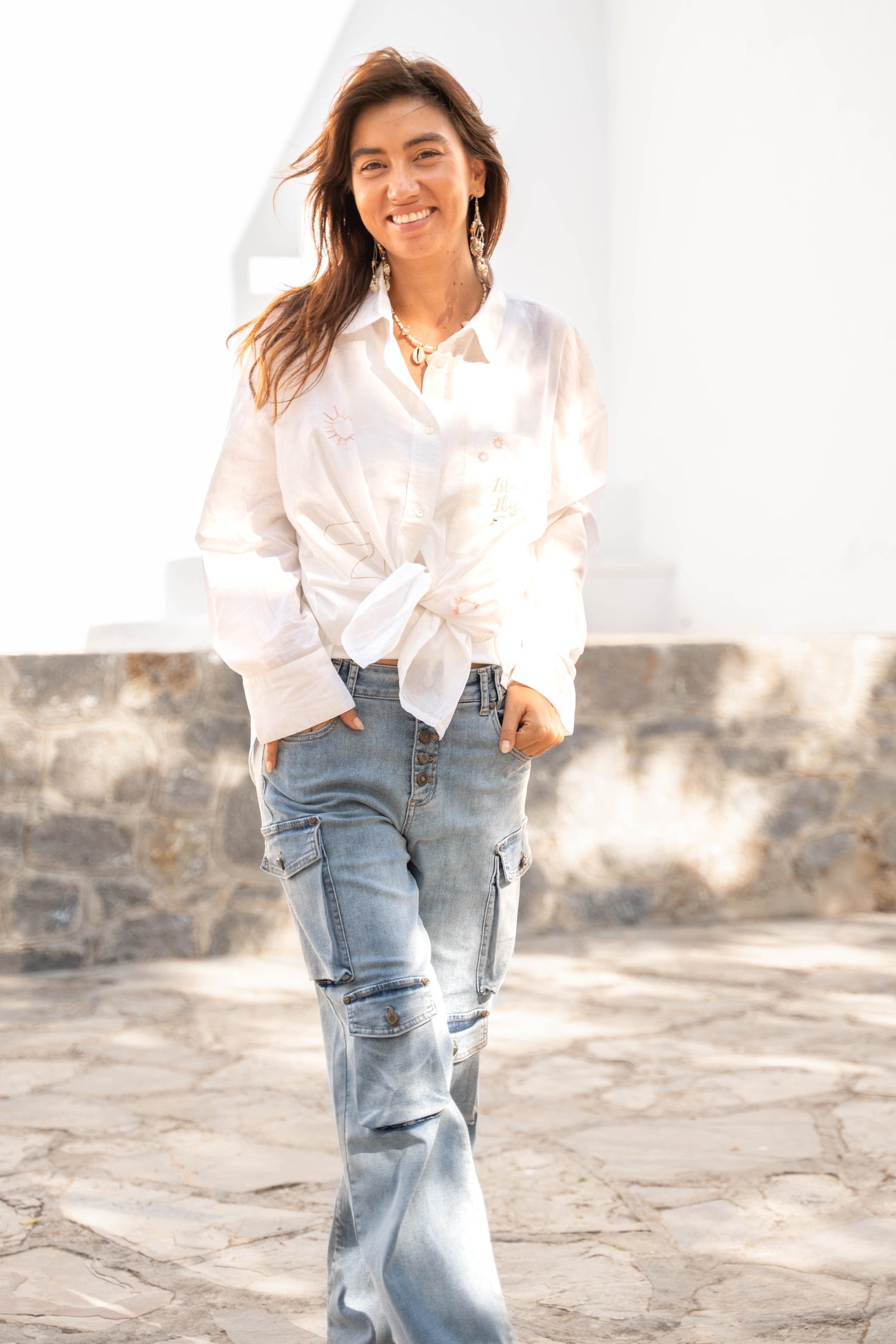 Isla Ibiza white embroidered blouse Sombra with delicate details