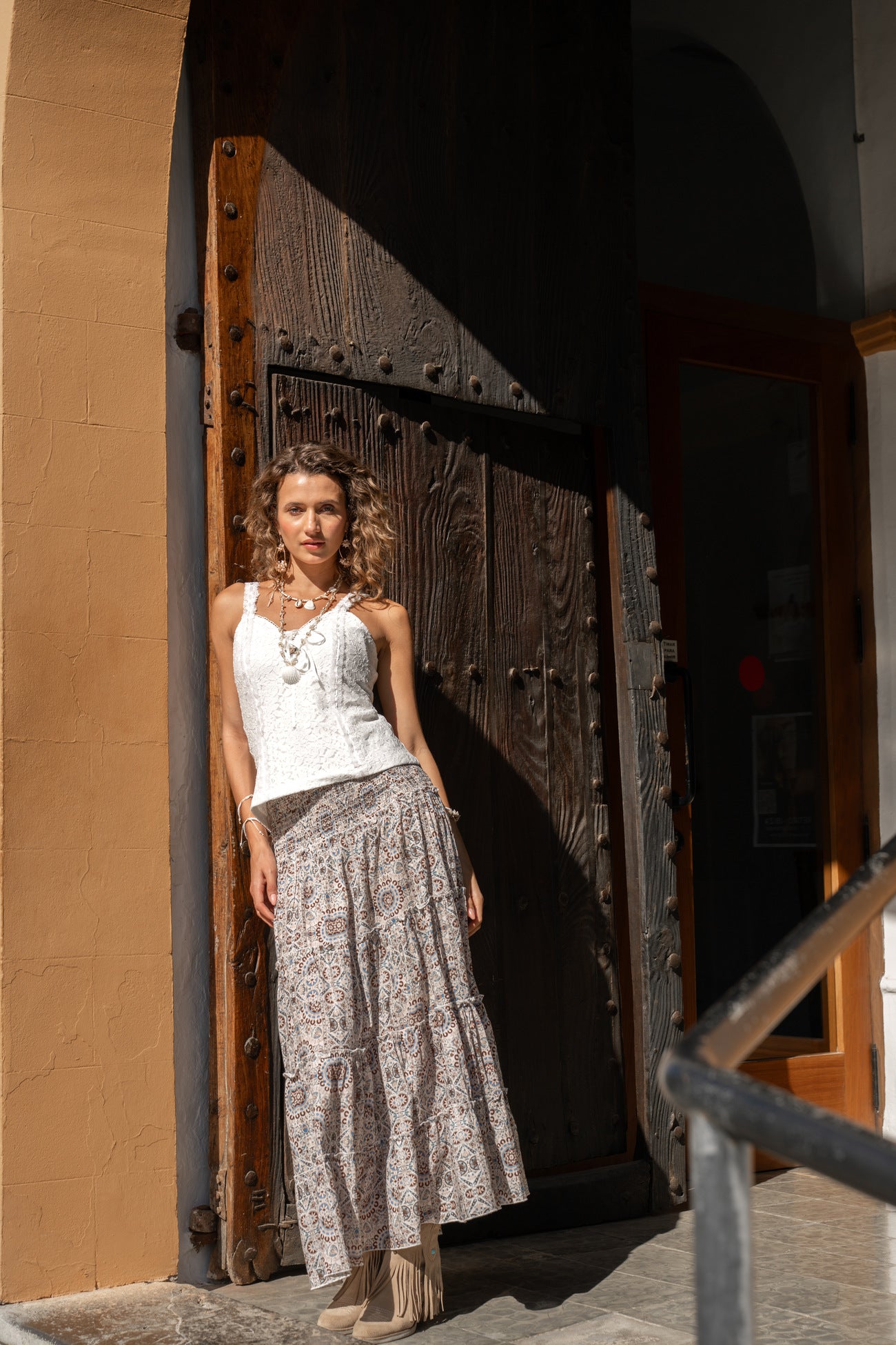 Isla Ibiza long bohemian skirt Morena with blue and brown print