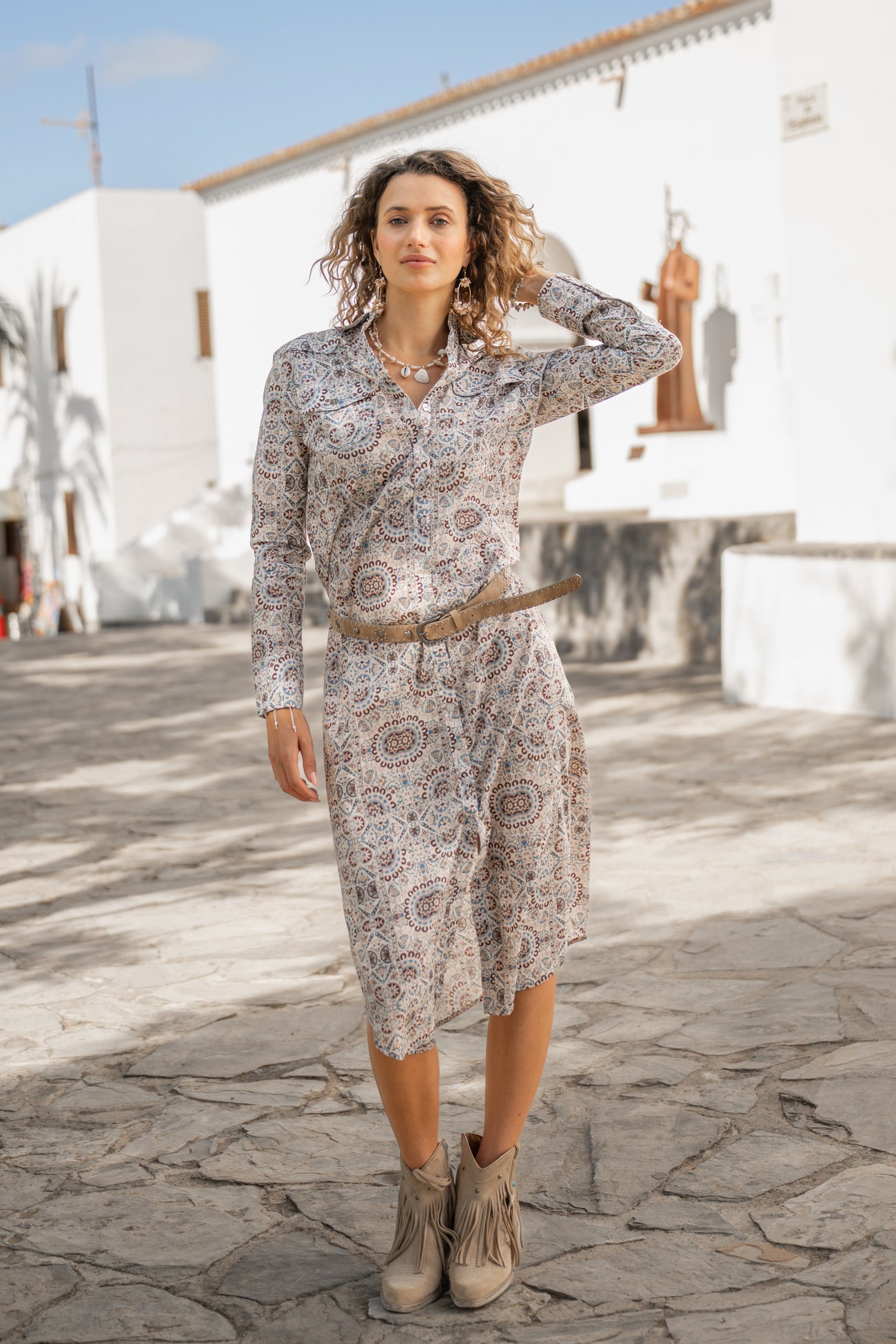 Isla Ibiza long bohemian blouse Morena with blue print