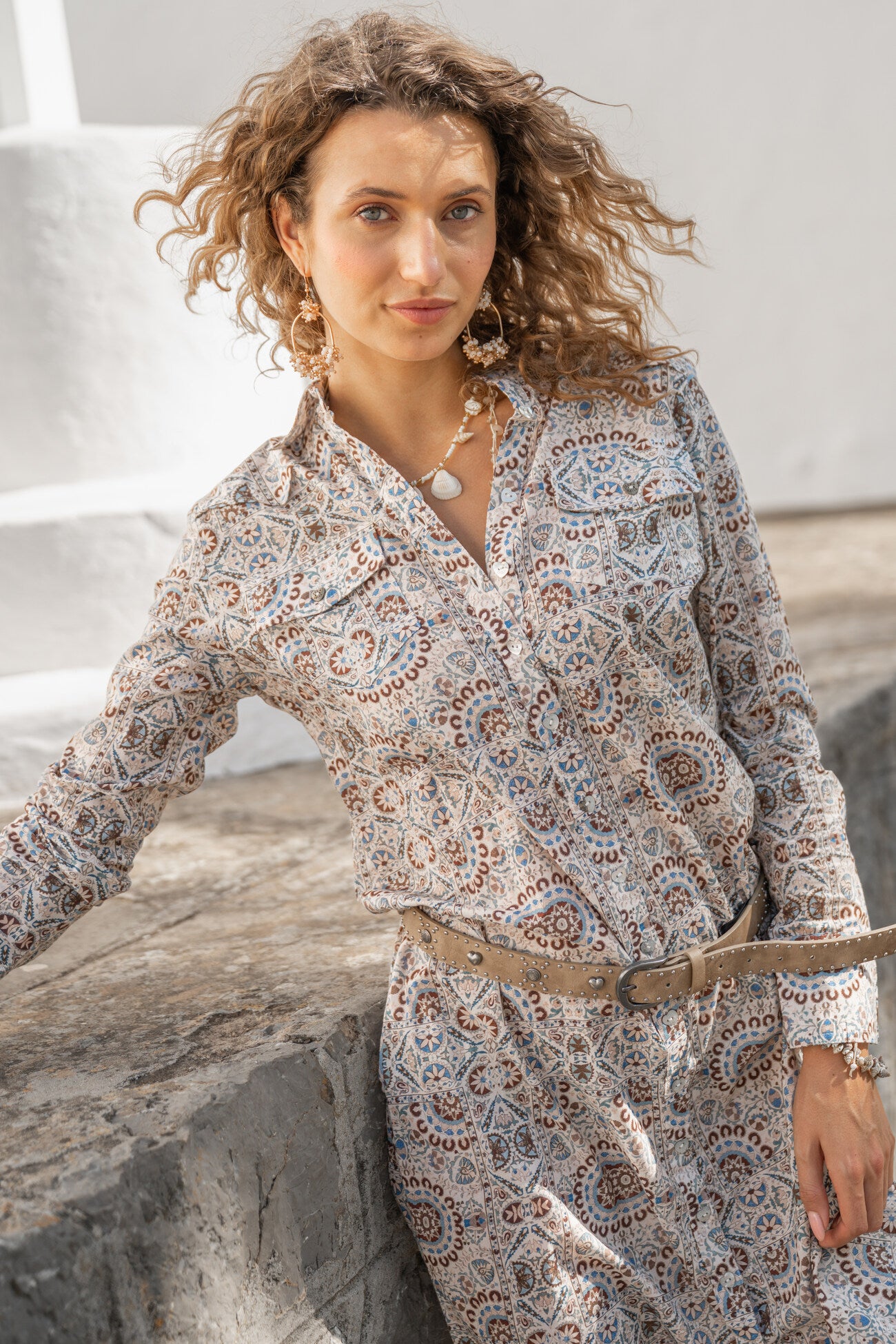 Isla Ibiza long bohemian blouse Morena with blue print