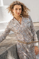 Isla Ibiza long bohemian blouse Morena with blue print