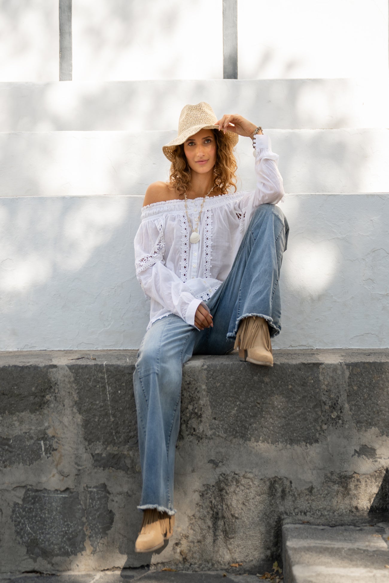 Isla Ibiza white lace blouse Luna with romantic details