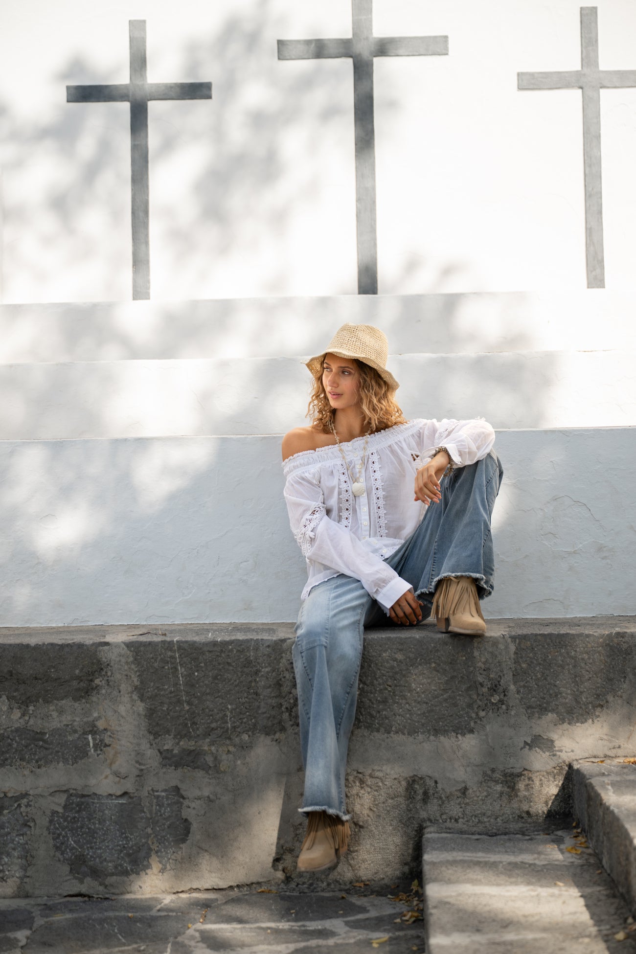 Isla Ibiza white lace blouse Luna with romantic details