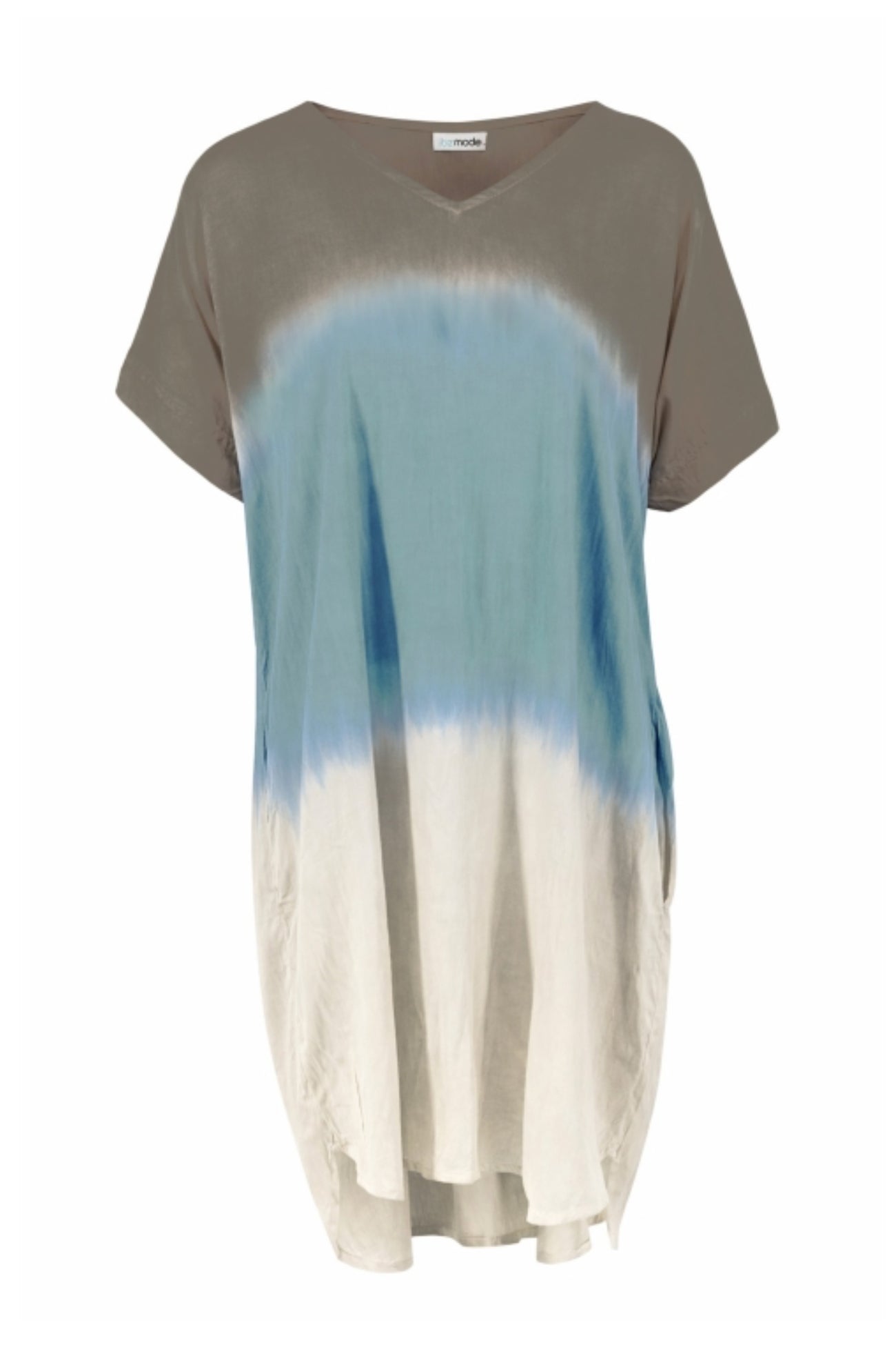 Ibizamode Short Kaftan Noa Almora Taupe with airy printed look and relaxed summer fit