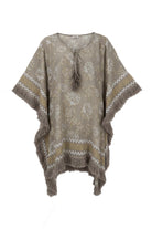 Ibzmode Short Kaftan Tavina Lumira Taupe with golden foil details and fringes