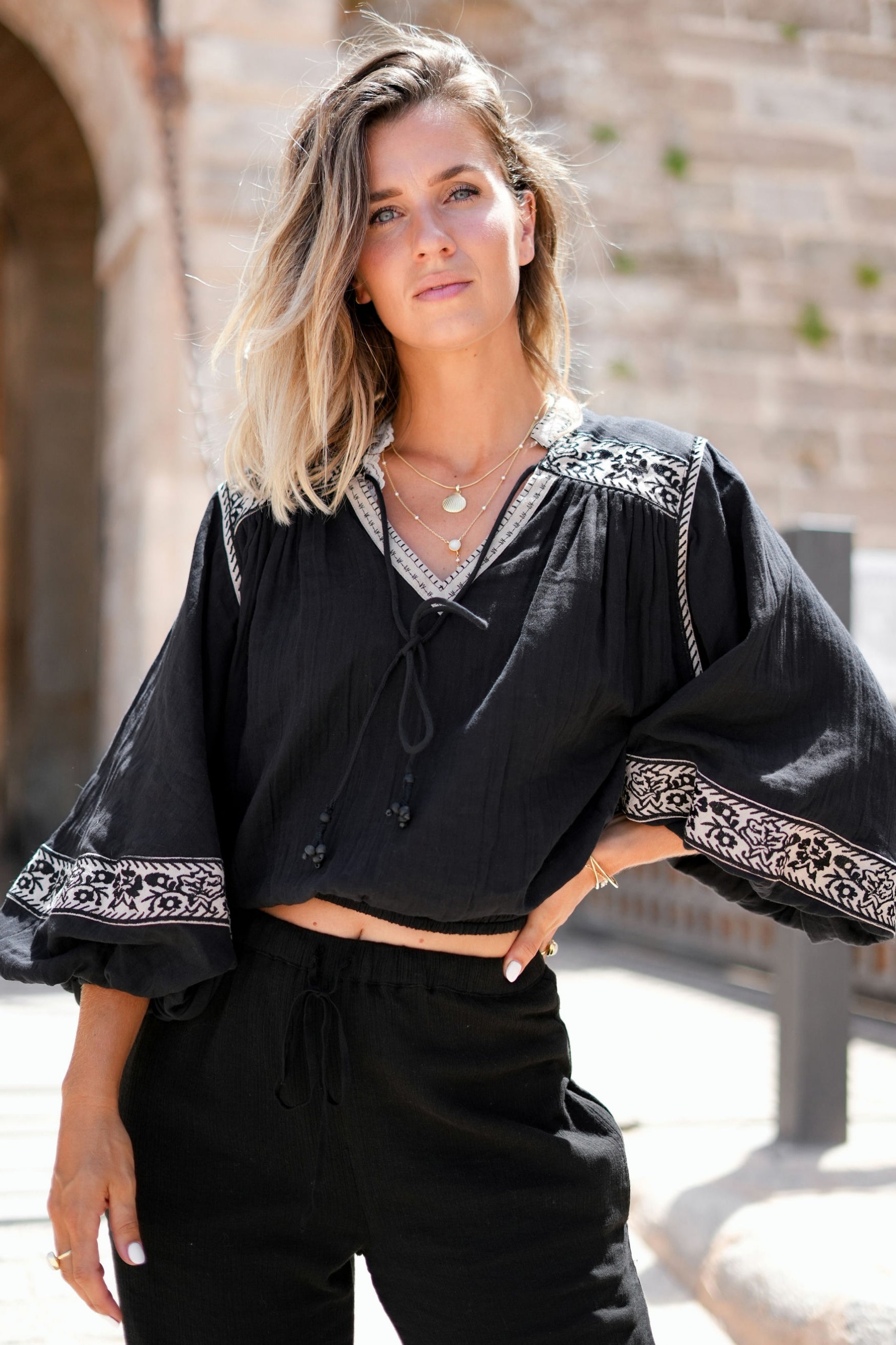 Bohemian blouse in light taupe van ibzmode, Brands of Ibiza