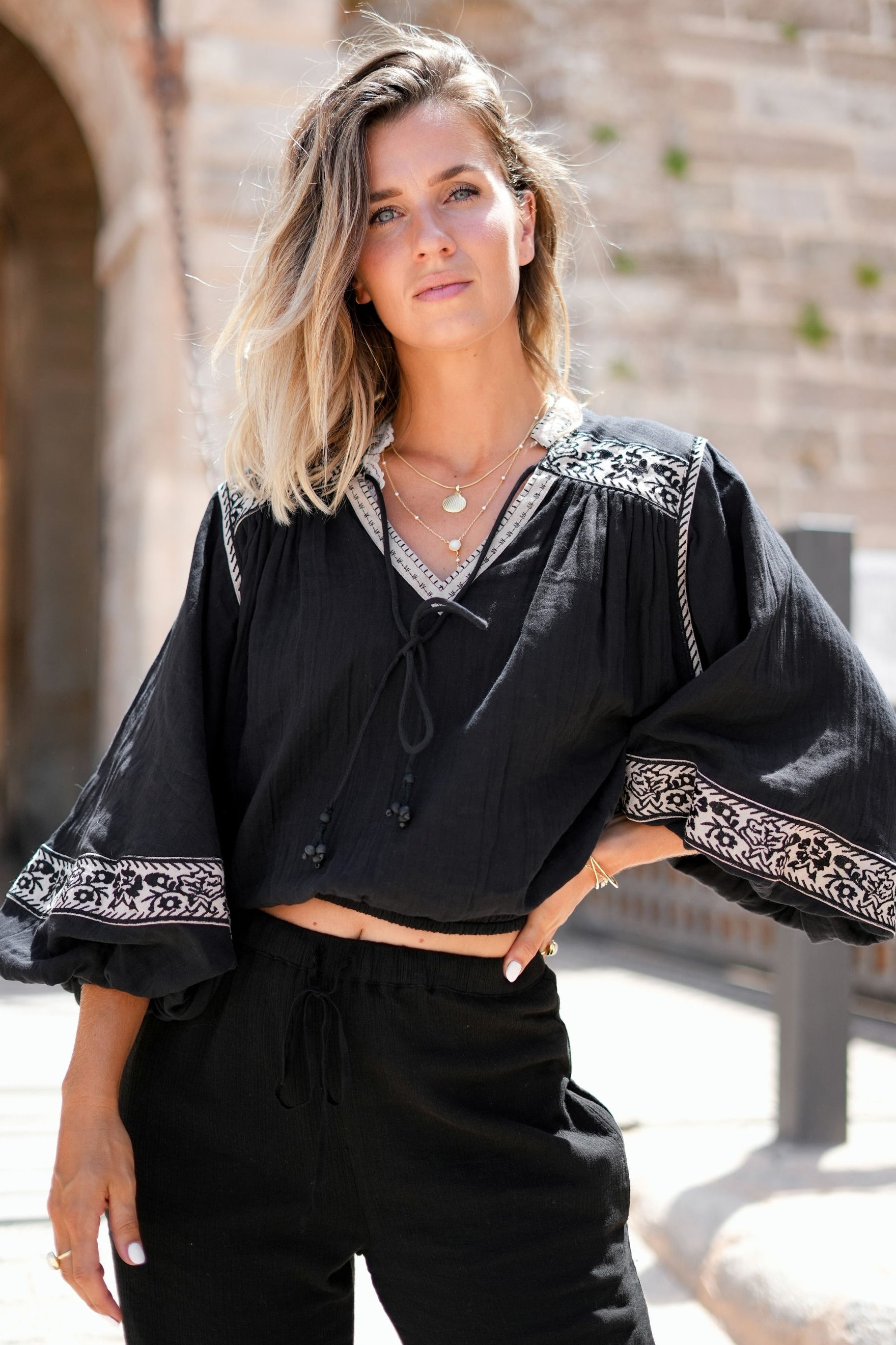 Bohemian blouse in light taupe van ibzmode, Brands of Ibiza