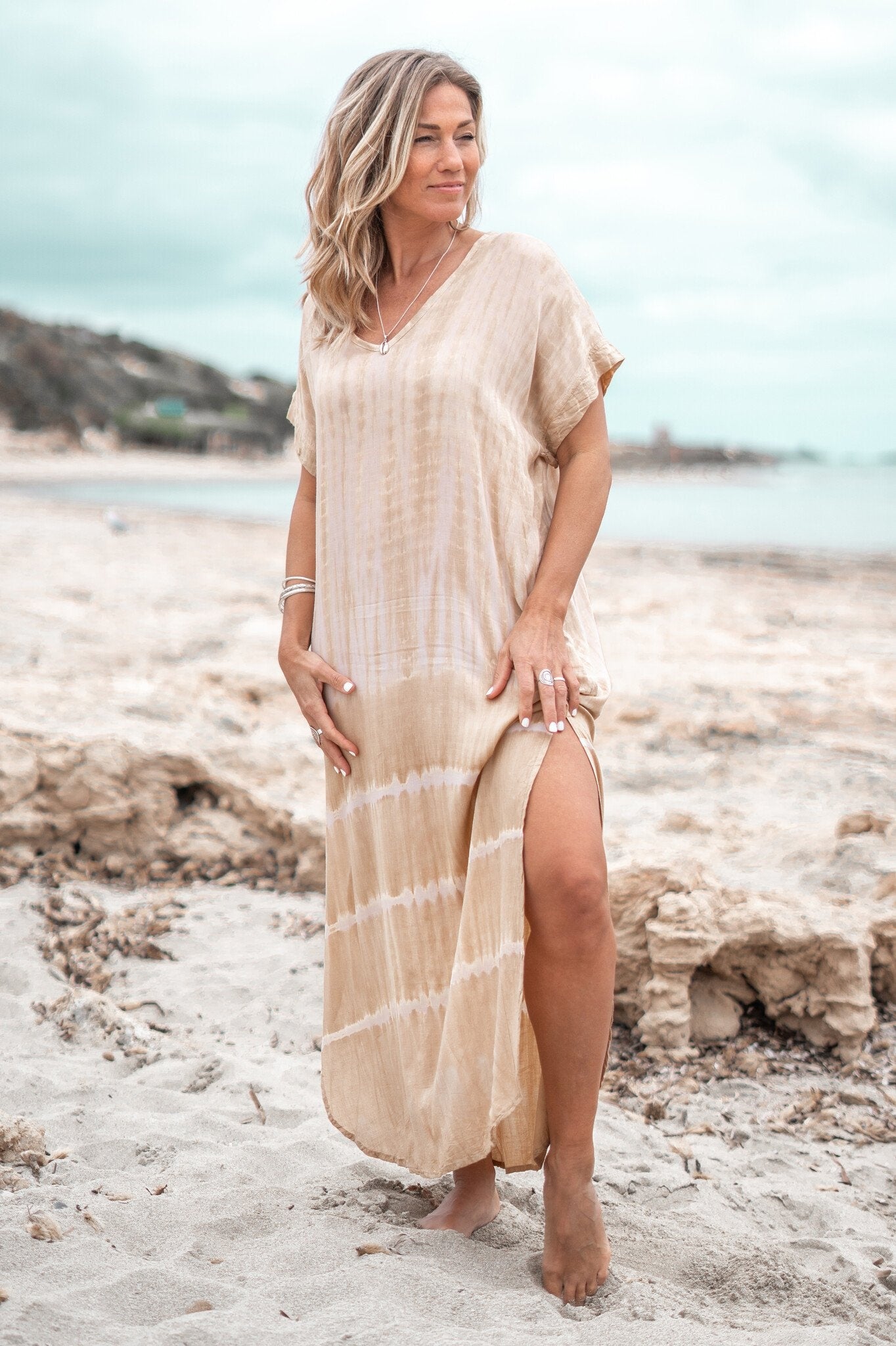 thumbnail image 2 of Handmade Moroccan Caftan / Kaftan For Women - Beige Cotton Blend Summer Beach Dress 2 of 5