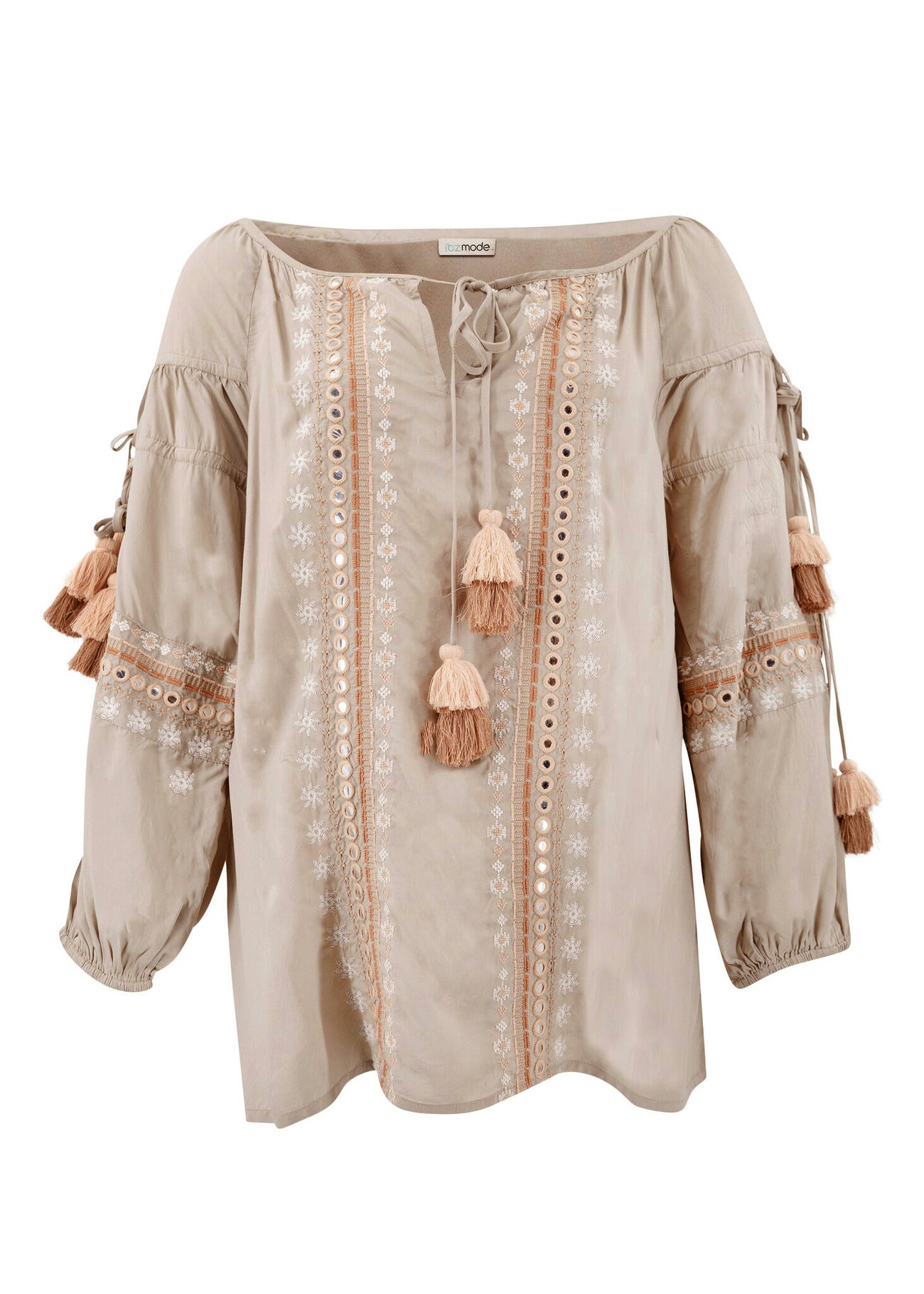 Bohemian blouse in light taupe van ibzmode, Brands of Ibiza